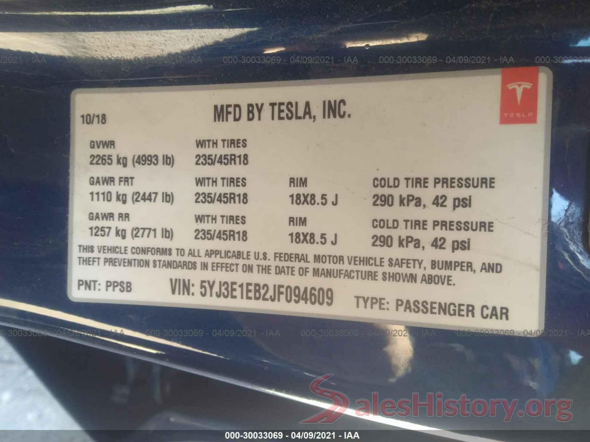 5YJ3E1EB2JF094609 2018 TESLA MODEL 3