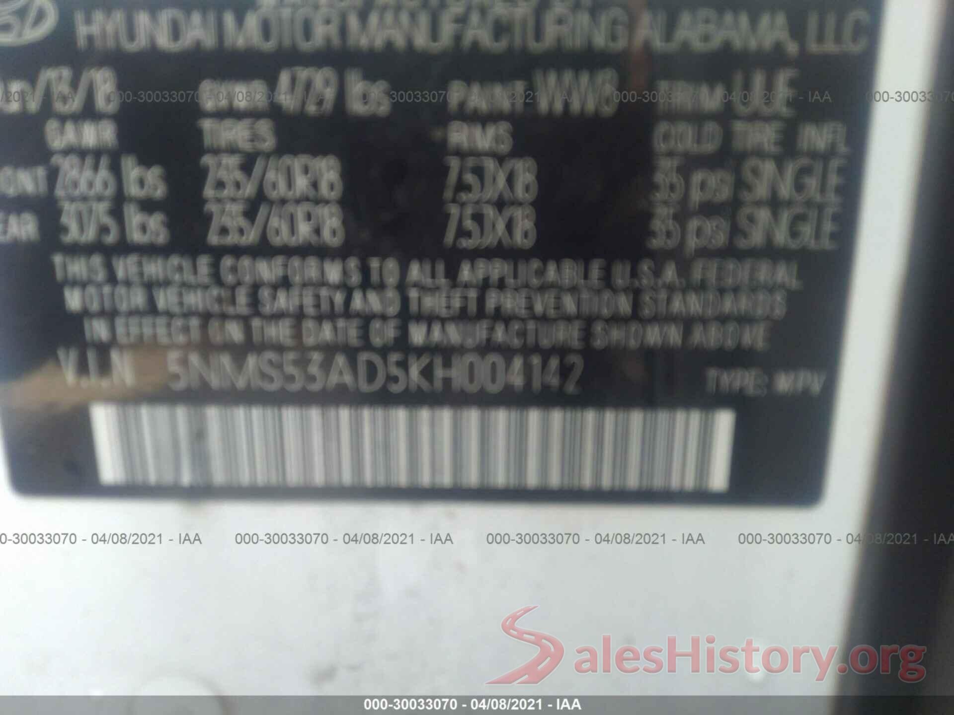 5NMS53AD5KH004142 2019 HYUNDAI SANTA FE