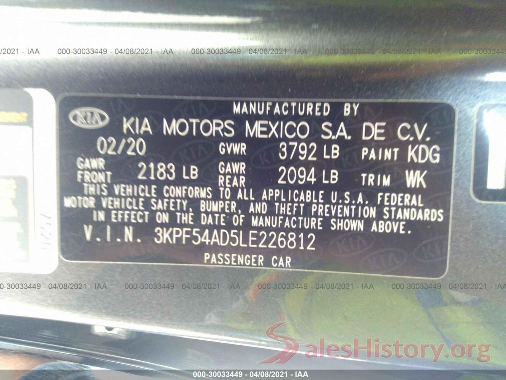 3KPF54AD5LE226812 2020 KIA FORTE