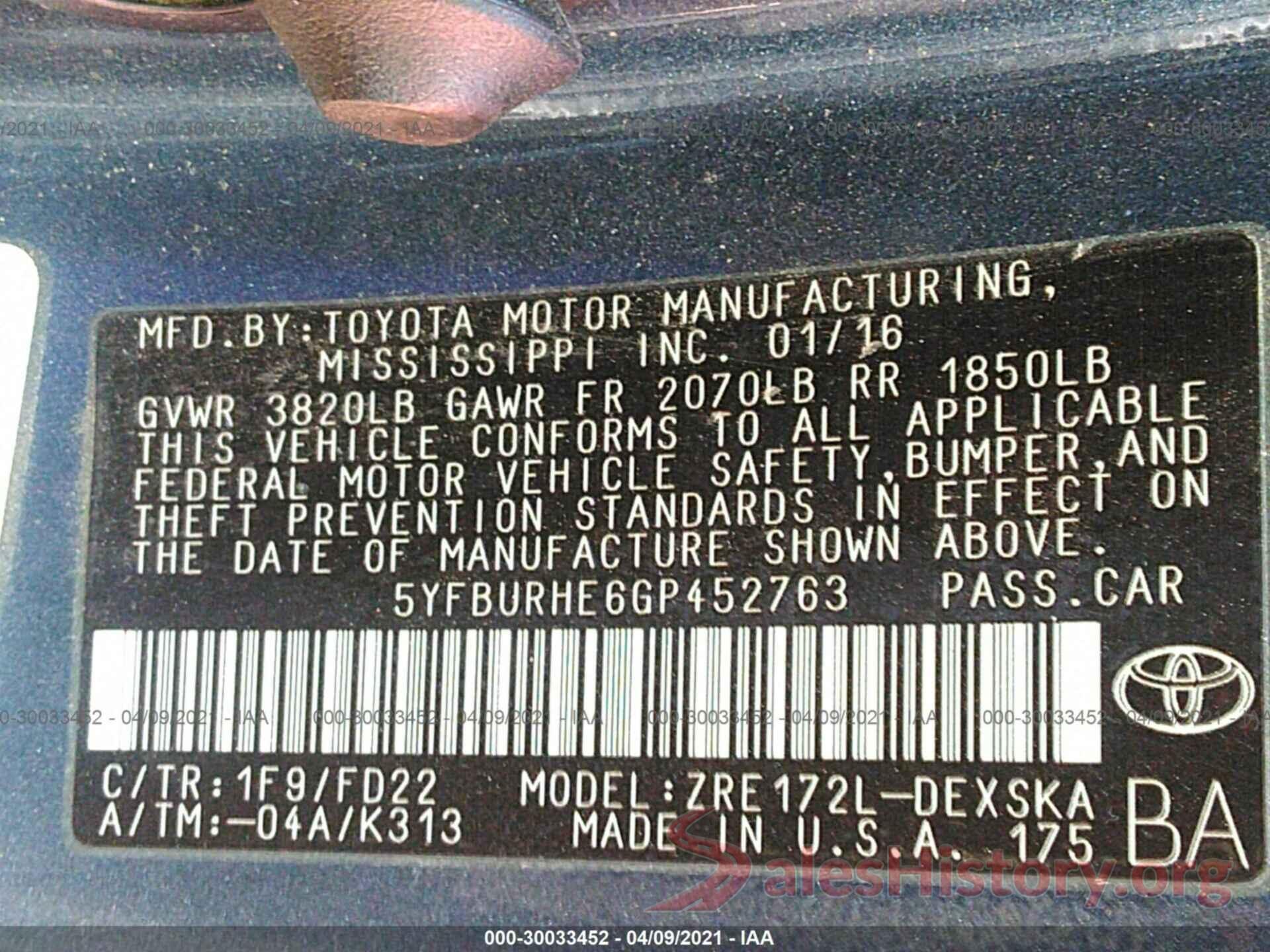 5YFBURHE6GP452763 2016 TOYOTA COROLLA