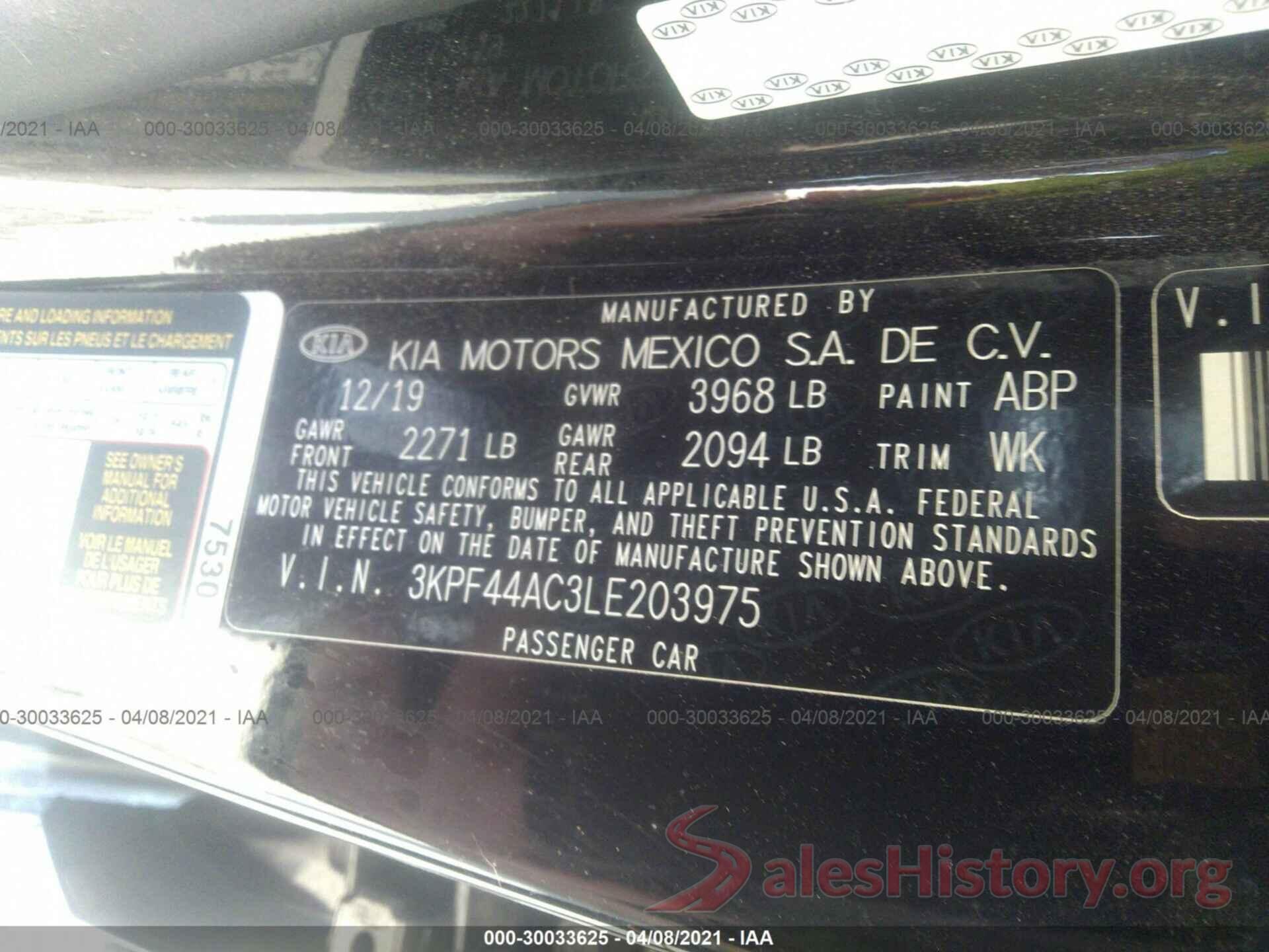 3KPF44AC3LE203975 2020 KIA FORTE