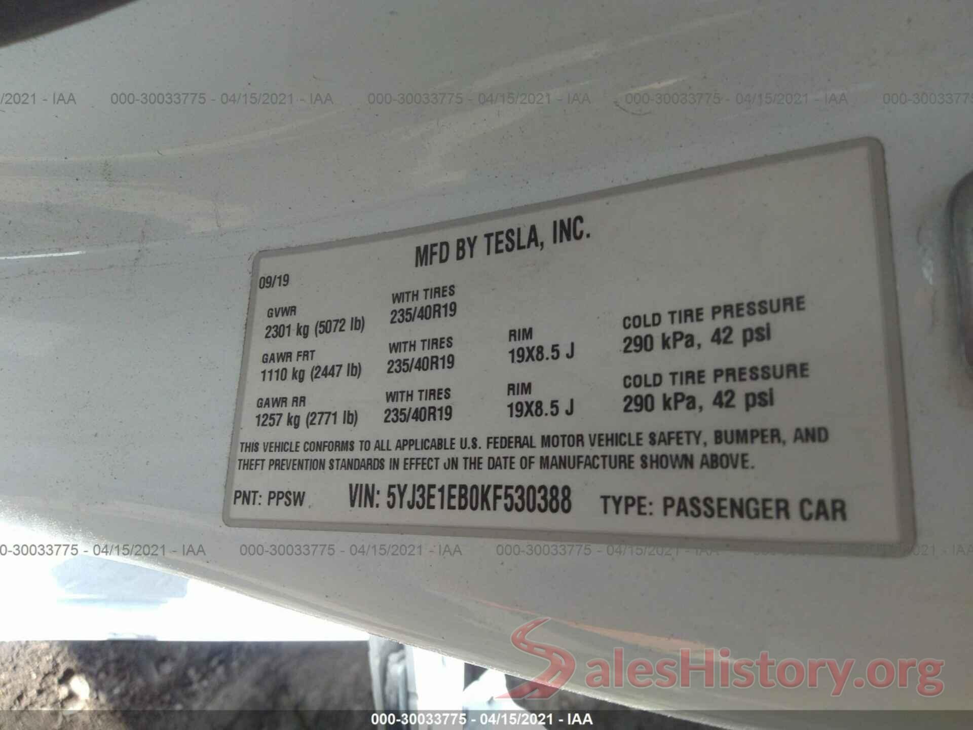 5YJ3E1EB0KF530388 2019 TESLA MODEL 3