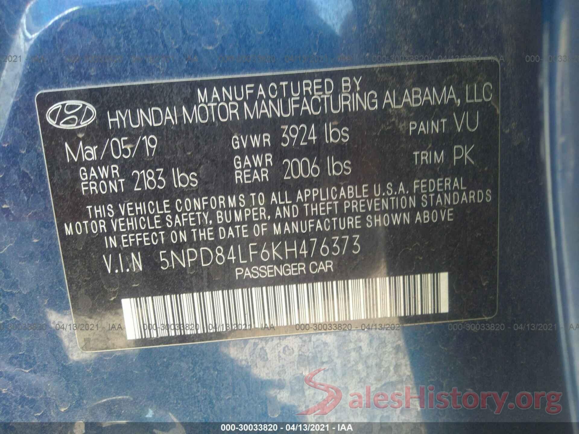 5NPD84LF6KH476373 2019 HYUNDAI ELANTRA