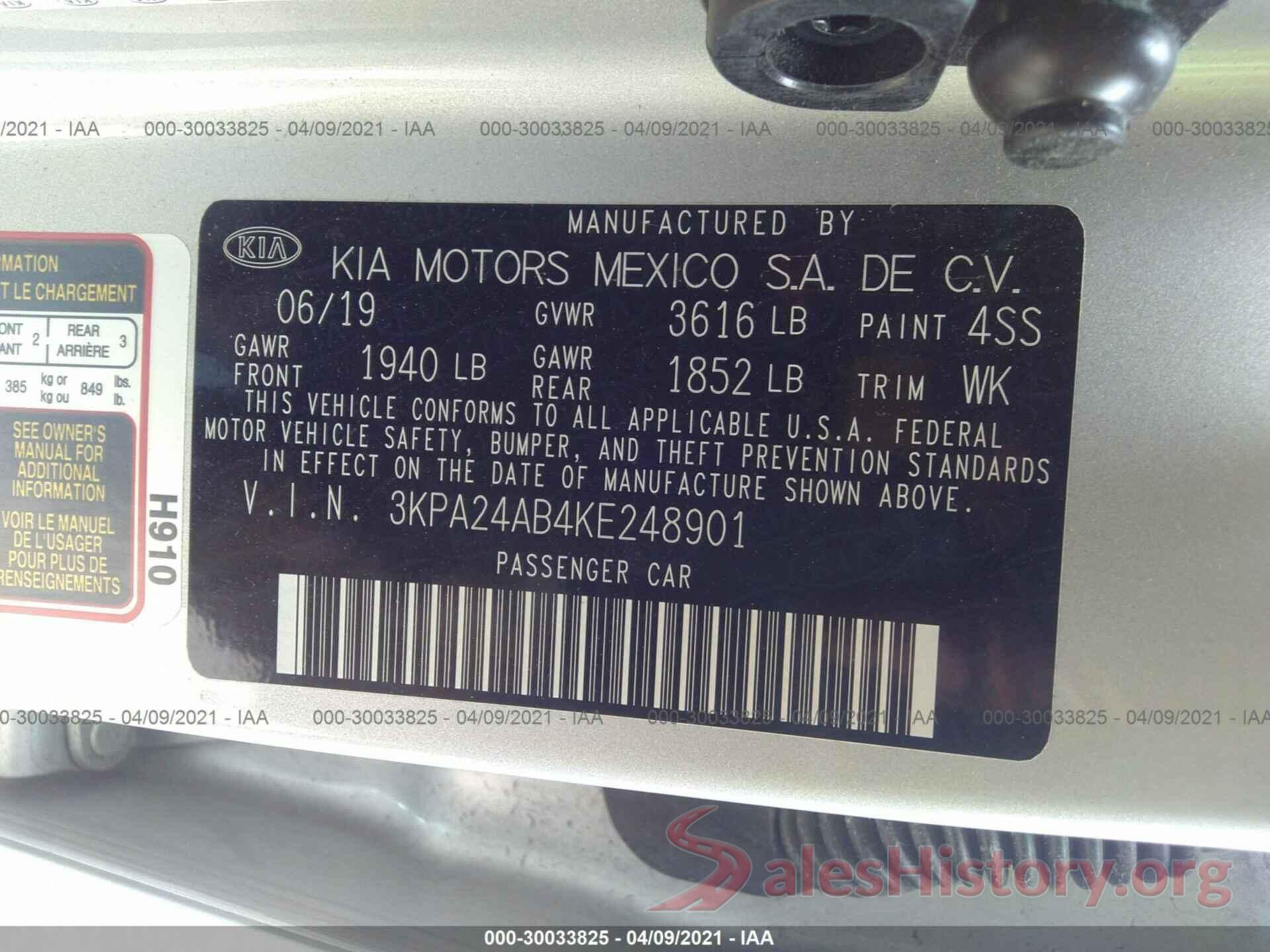 3KPA24AB4KE248901 2019 KIA RIO