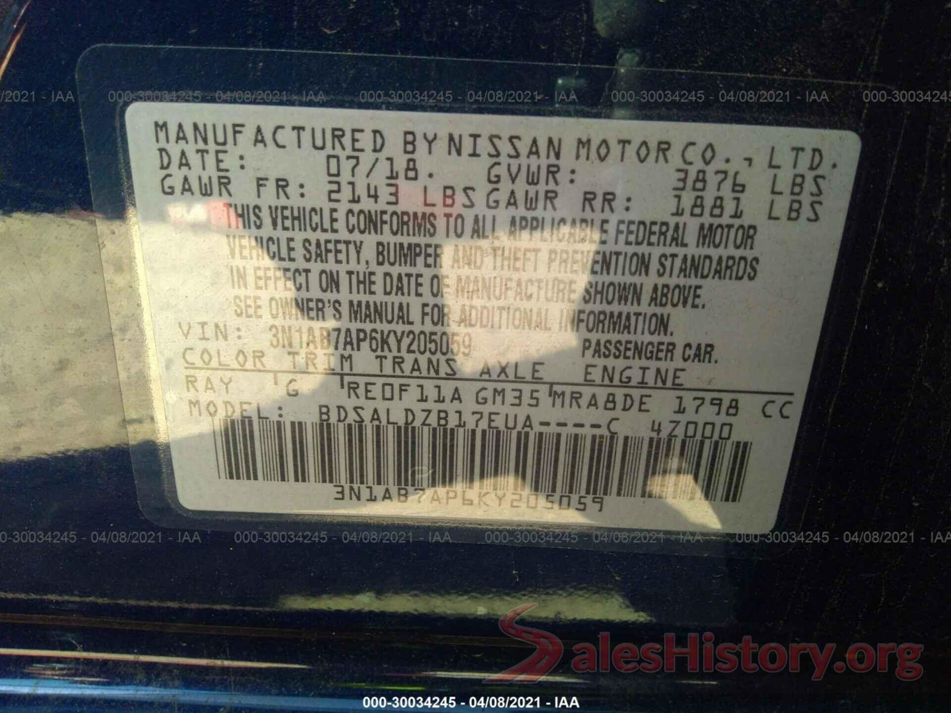 3N1AB7AP6KY205059 2019 NISSAN SENTRA