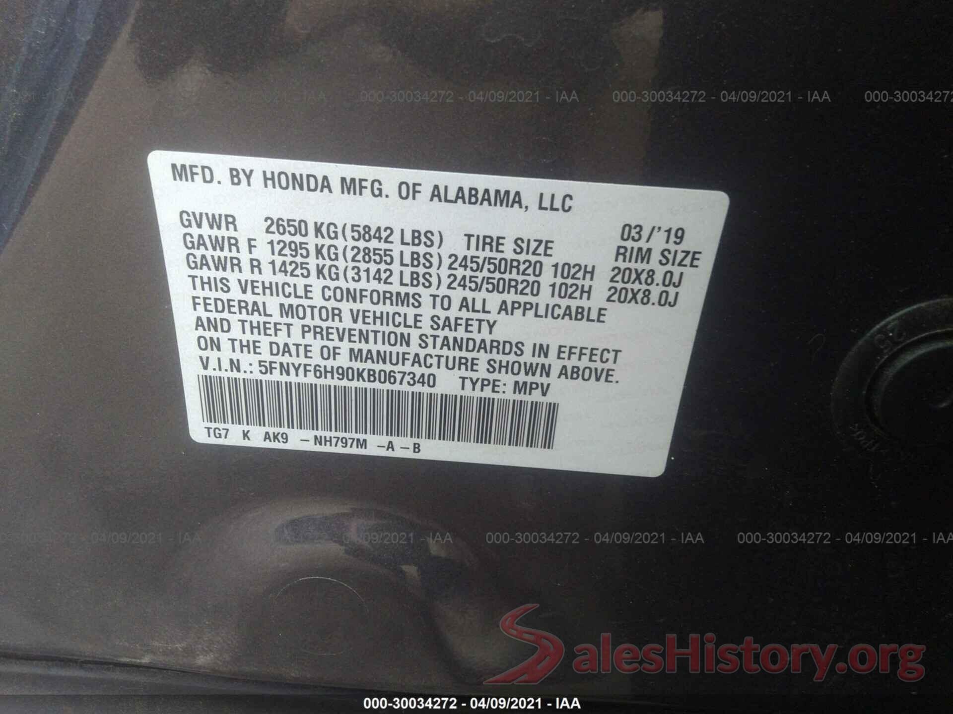 5FNYF6H90KB067340 2019 HONDA PILOT