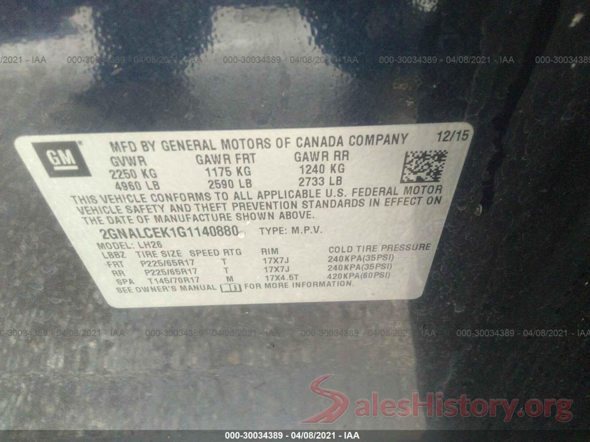 2GNALCEK1G1140880 2016 CHEVROLET EQUINOX