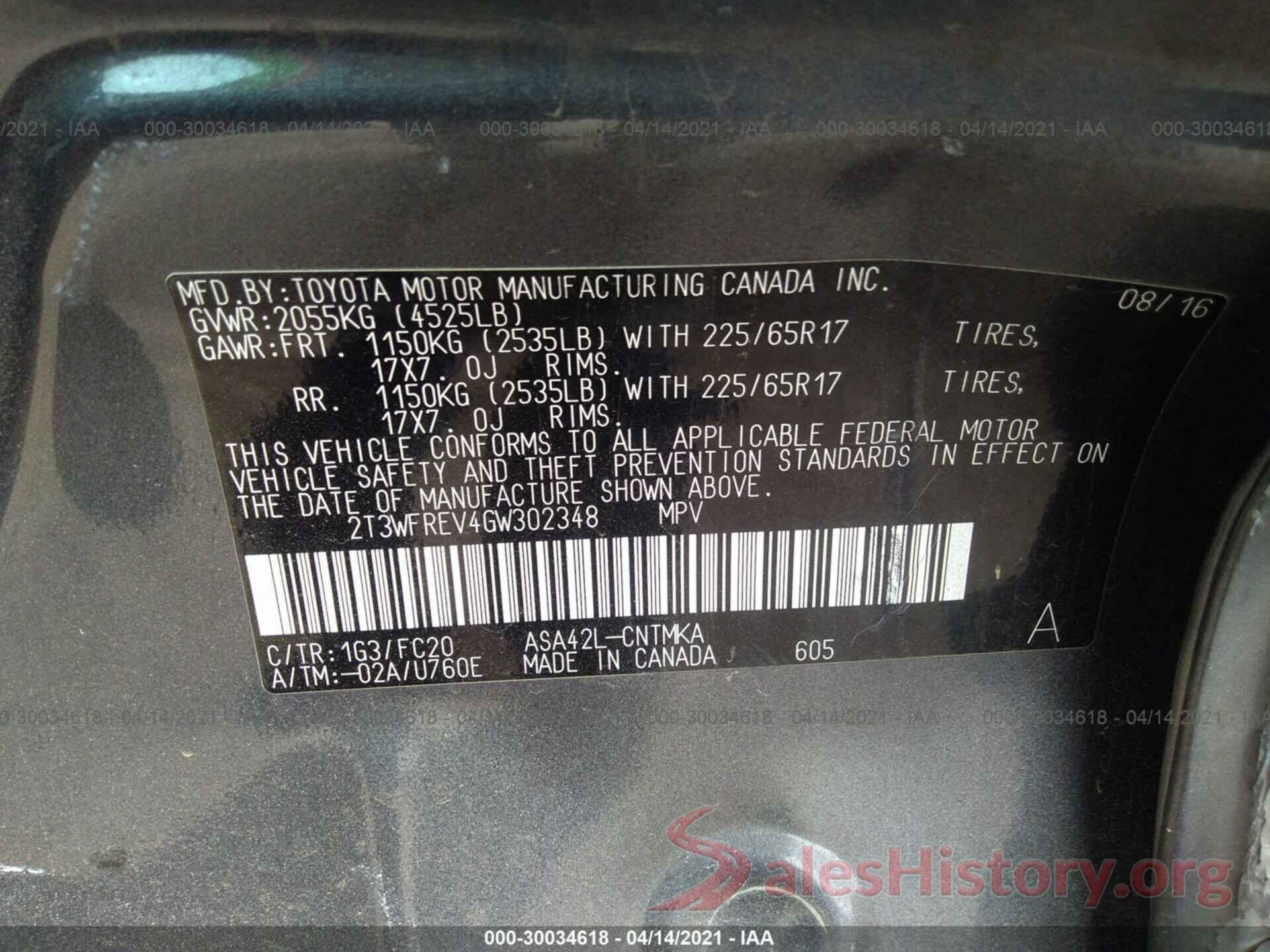 2T3WFREV4GW302348 2016 TOYOTA RAV4