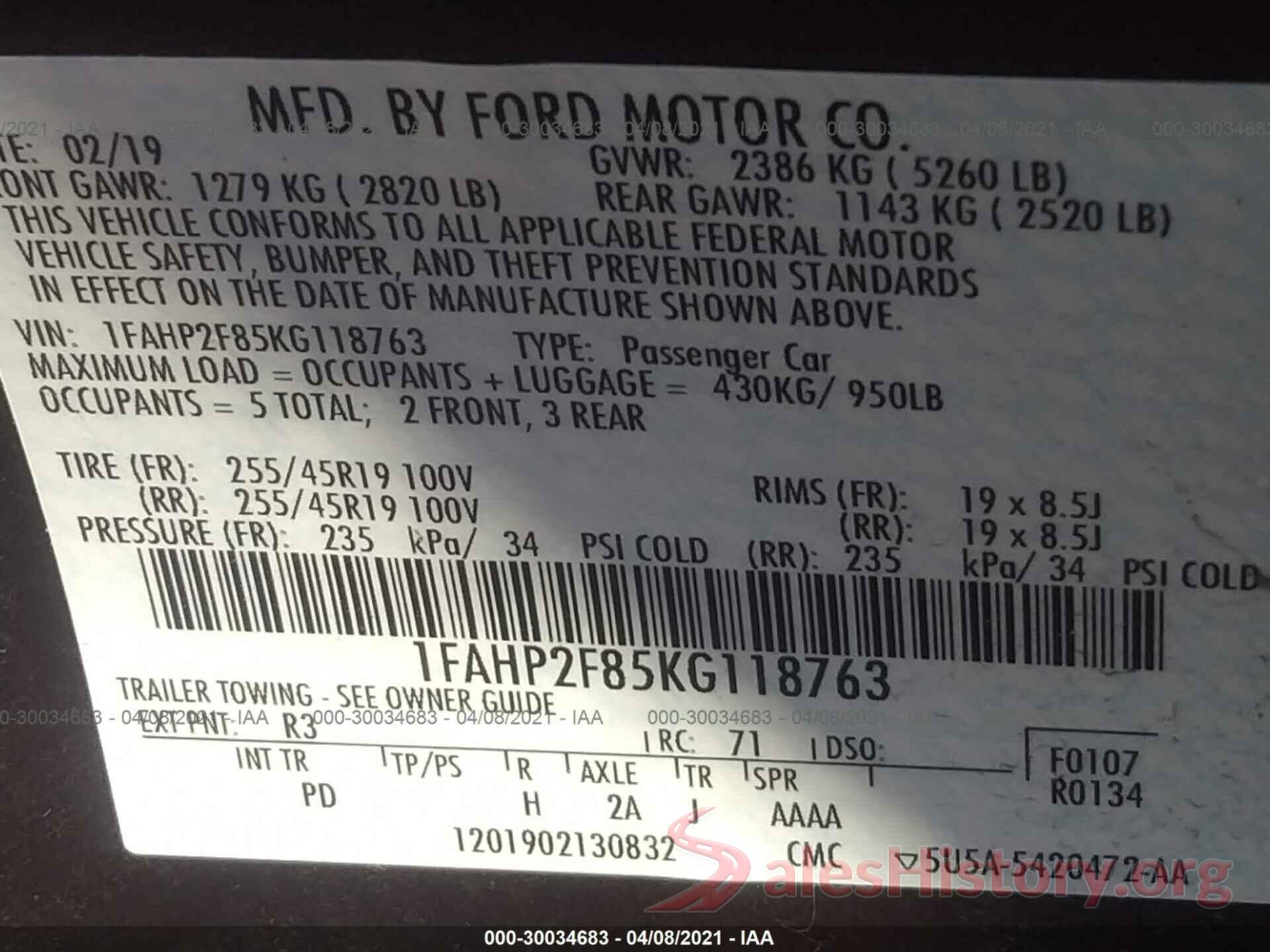 1FAHP2F85KG118763 2019 FORD TAURUS