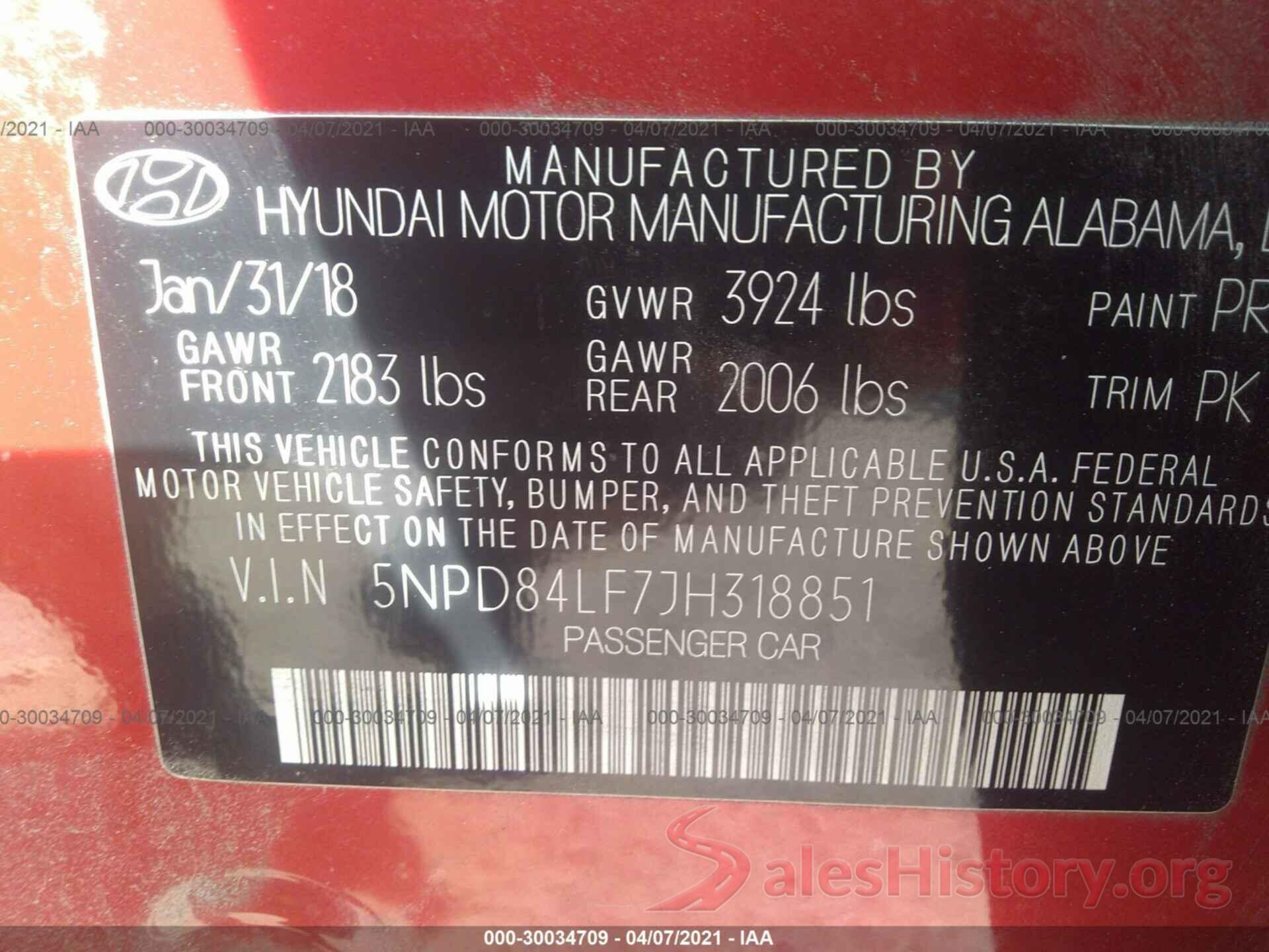 5NPD84LF7JH318851 2018 HYUNDAI ELANTRA