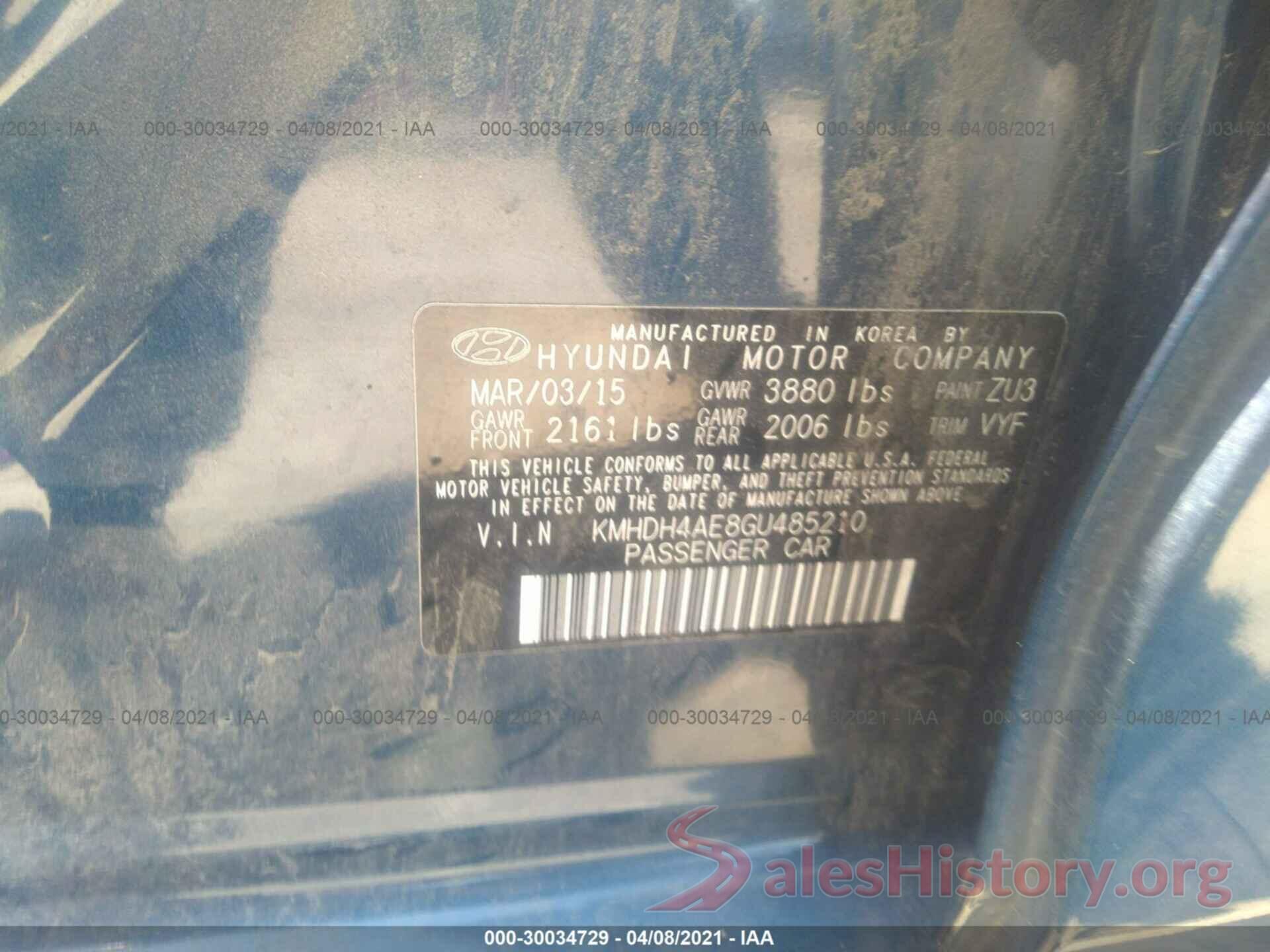 KMHDH4AE8GU485210 2016 HYUNDAI ELANTRA