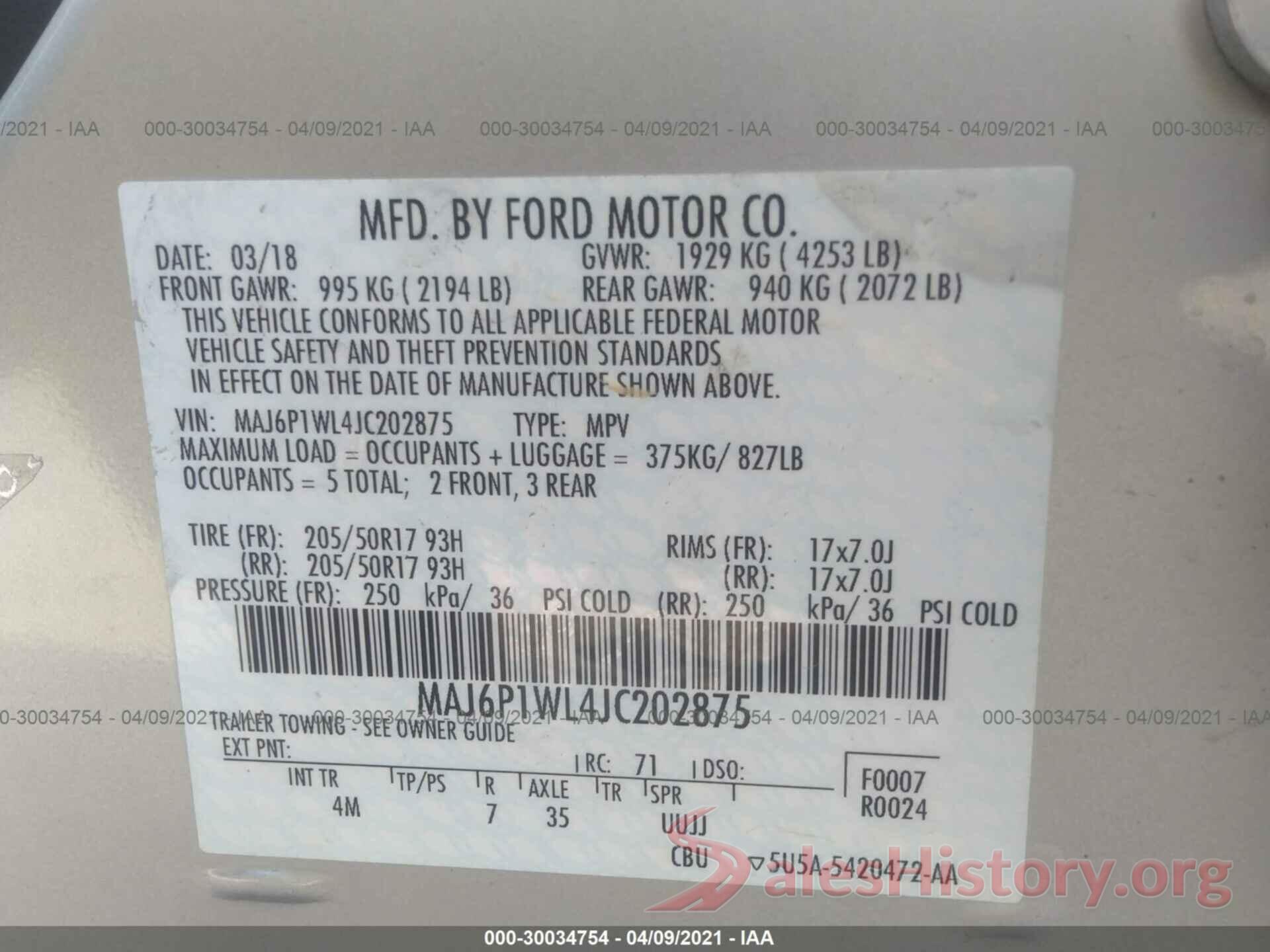 MAJ6P1WL4JC202875 2018 FORD ECOSPORT