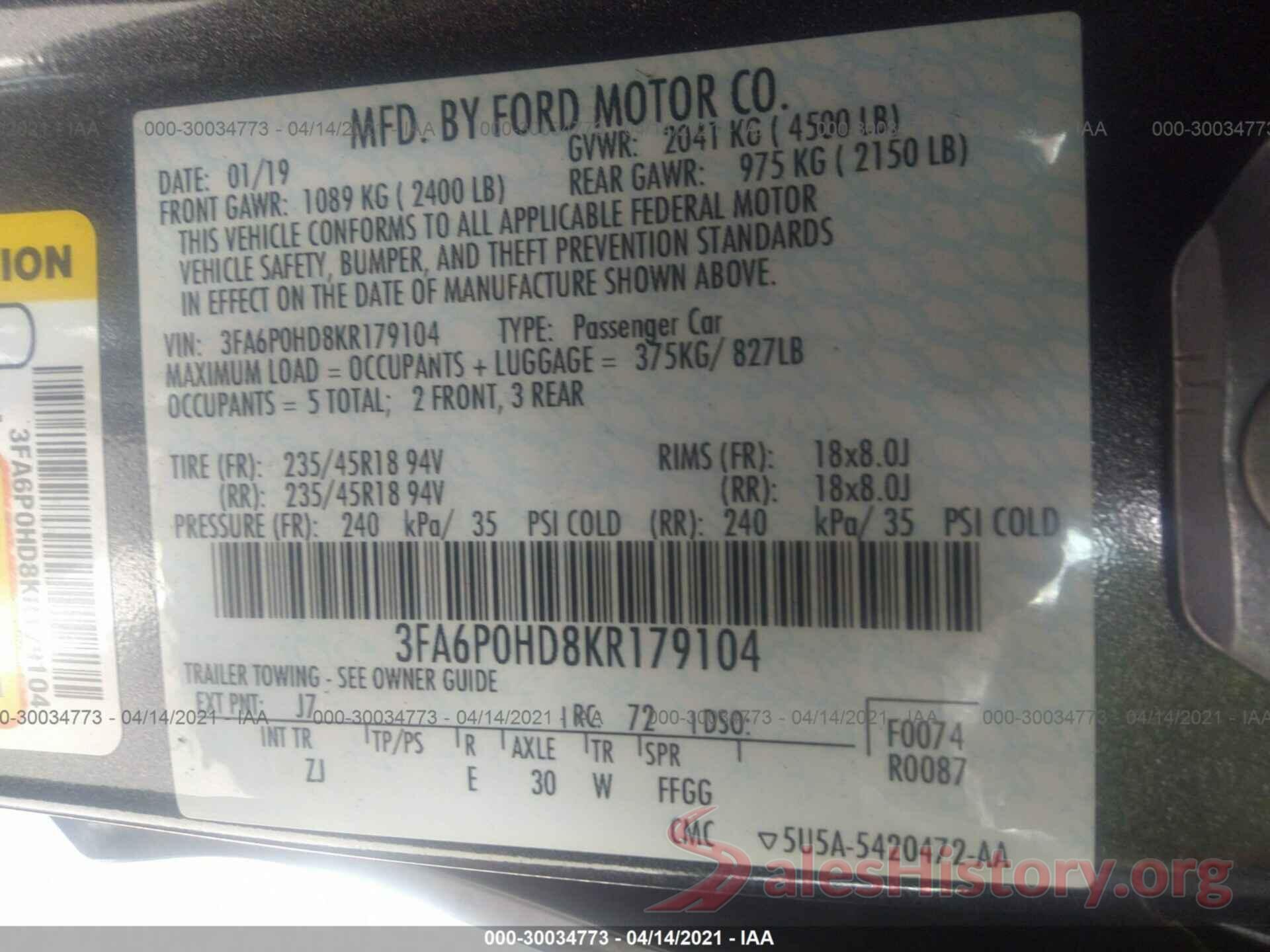 3FA6P0HD8KR179104 2019 FORD FUSION