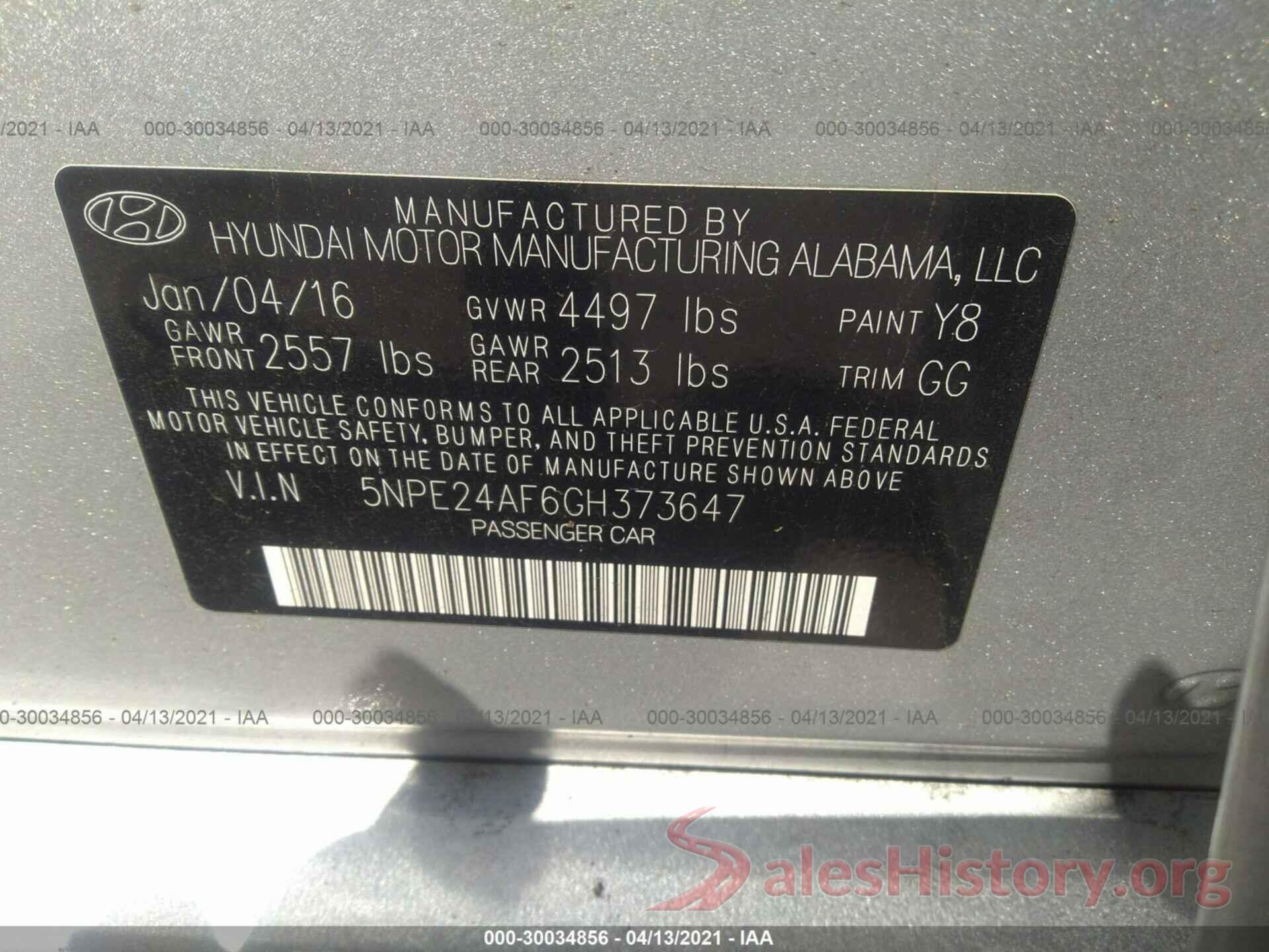 5NPE24AF6GH373647 2016 HYUNDAI SONATA