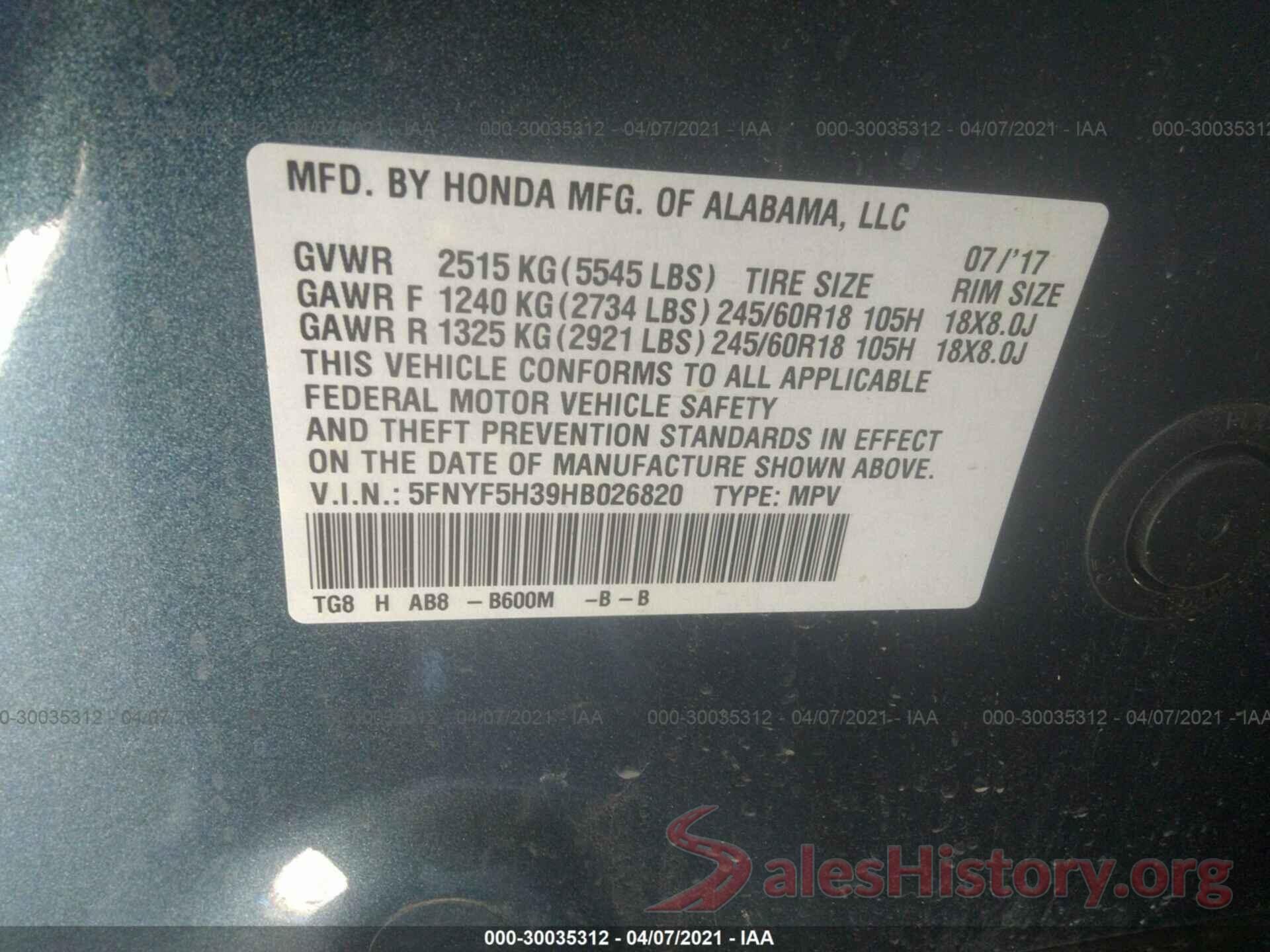 5FNYF5H39HB026820 2017 HONDA PILOT