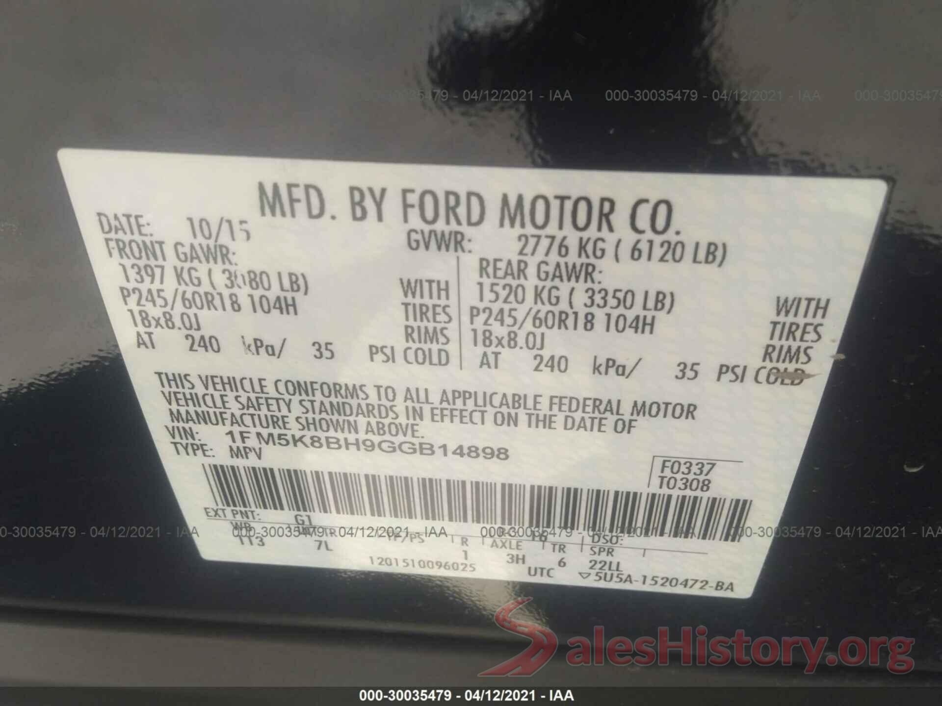 1FM5K8BH9GGB14898 2016 FORD EXPLORER