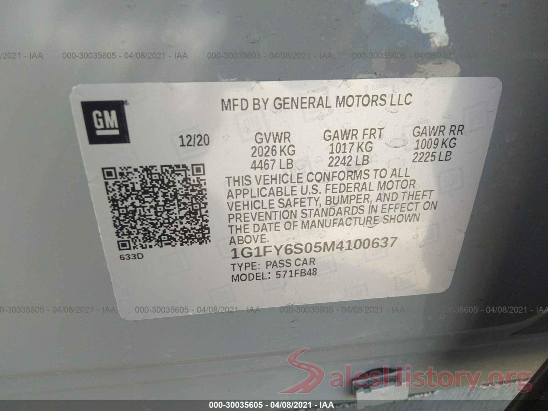 1G1FY6S05M4100637 2021 CHEVROLET BOLT EV