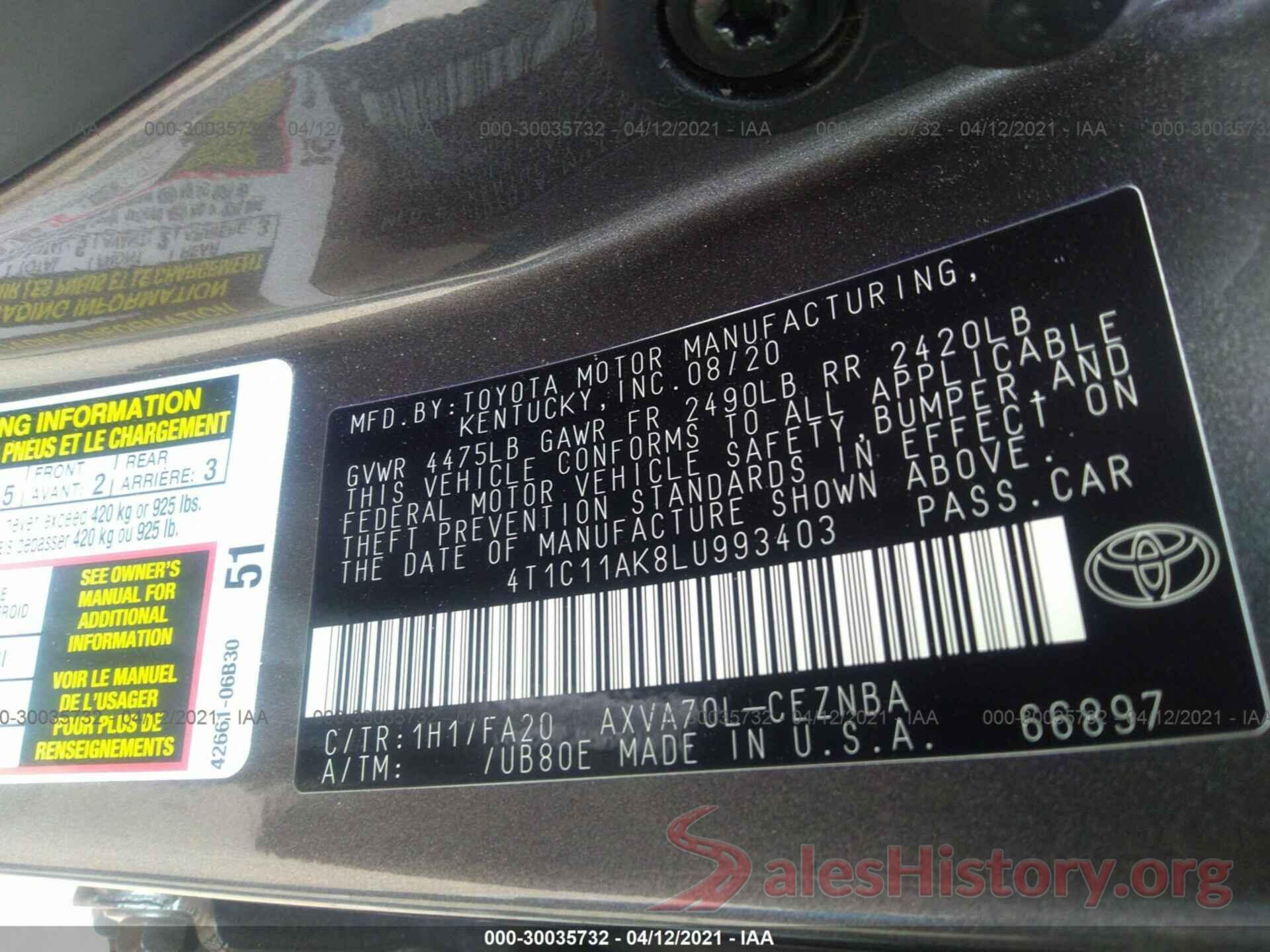 4T1C11AK8LU993403 2020 TOYOTA CAMRY