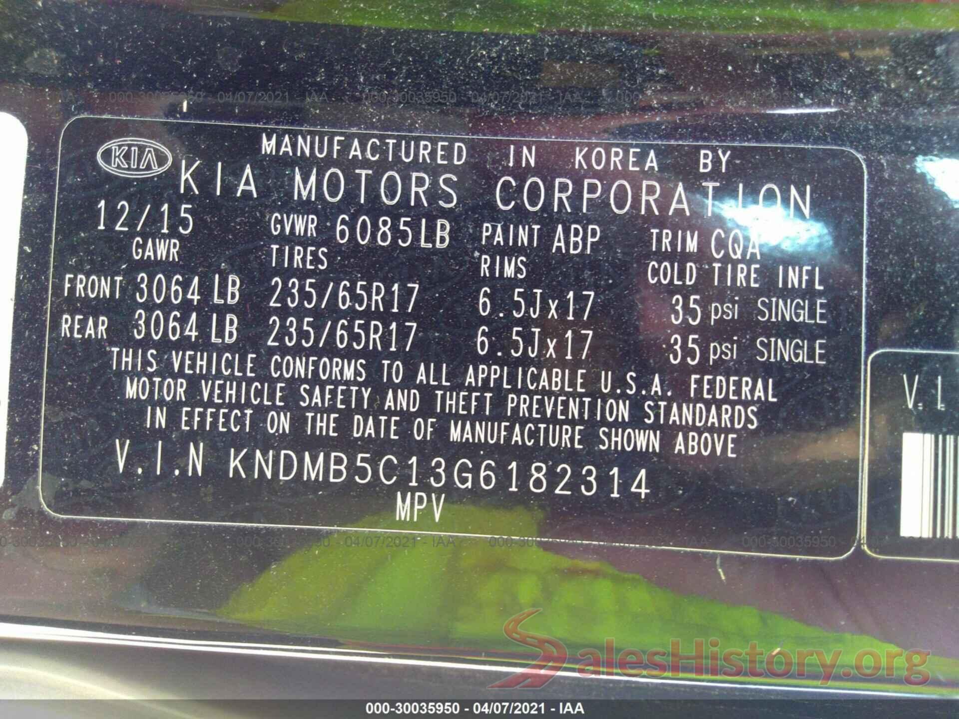 KNDMB5C13G6182314 2016 KIA SEDONA