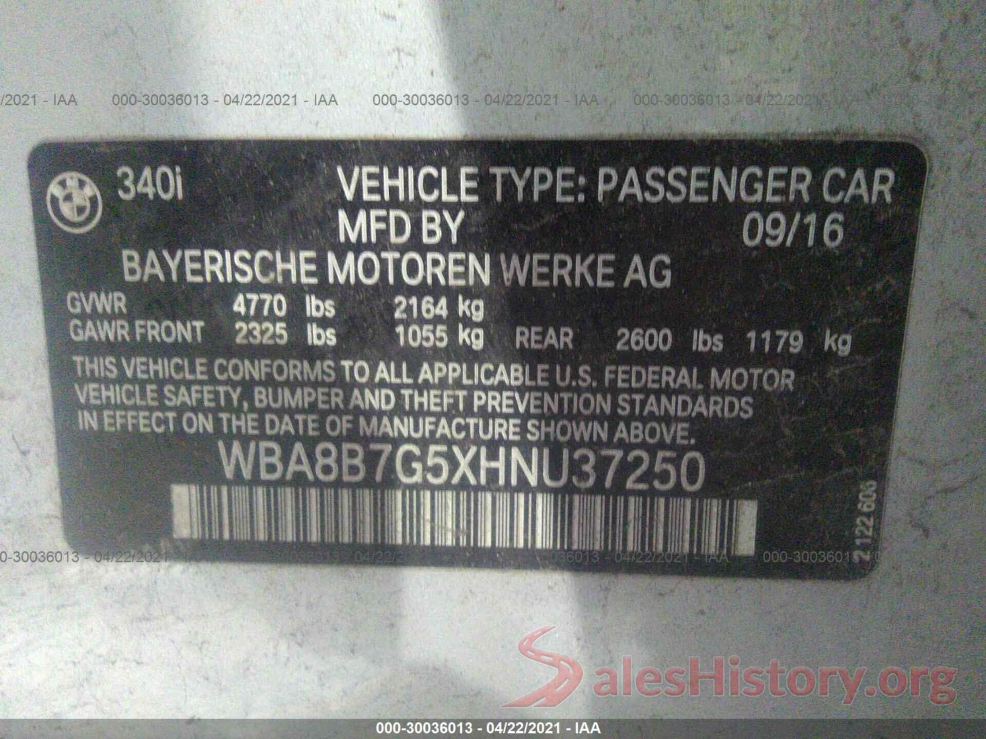 WBA8B7G5XHNU37250 2017 BMW 3 SERIES