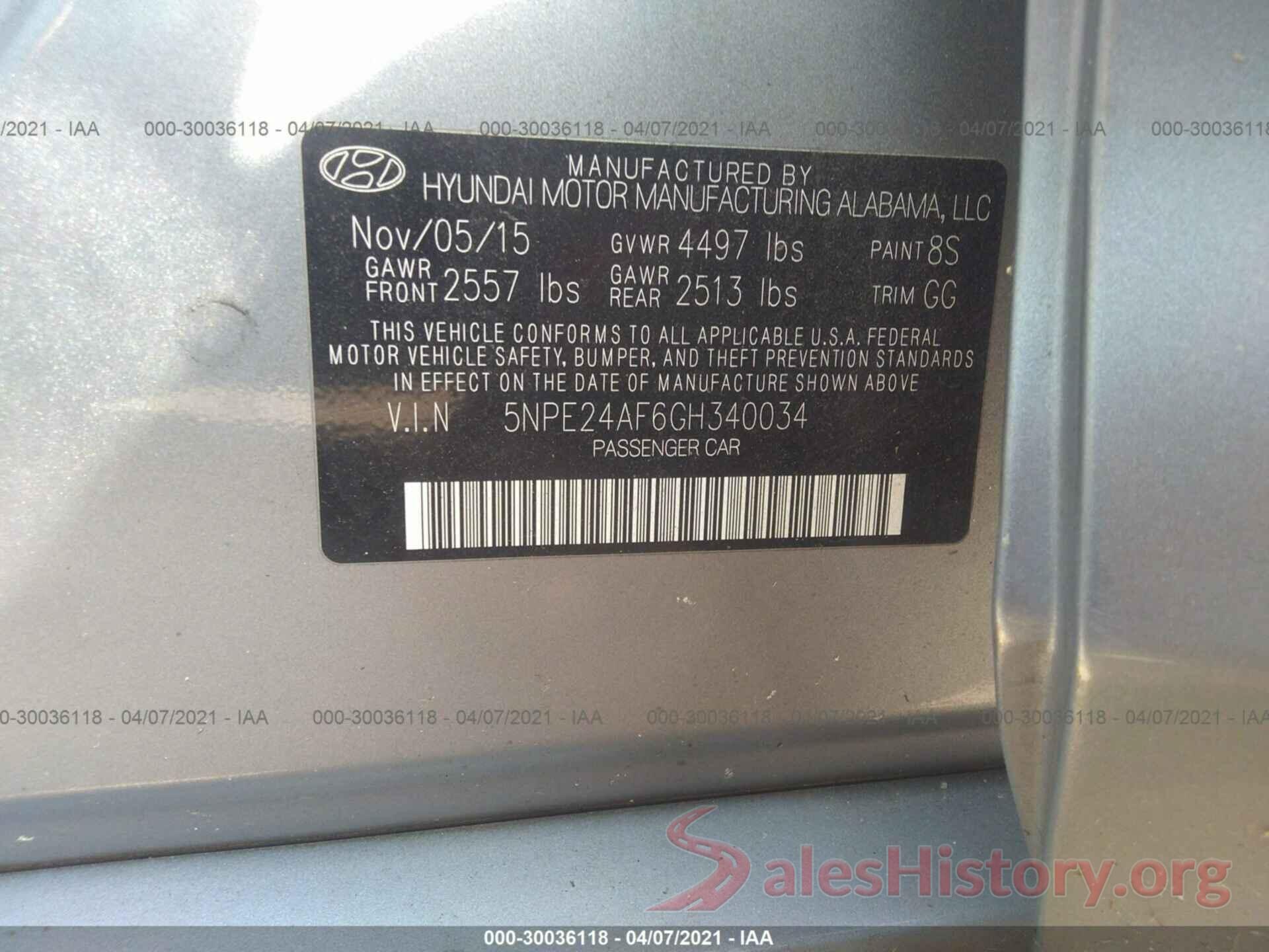 5NPE24AF6GH340034 2016 HYUNDAI SONATA