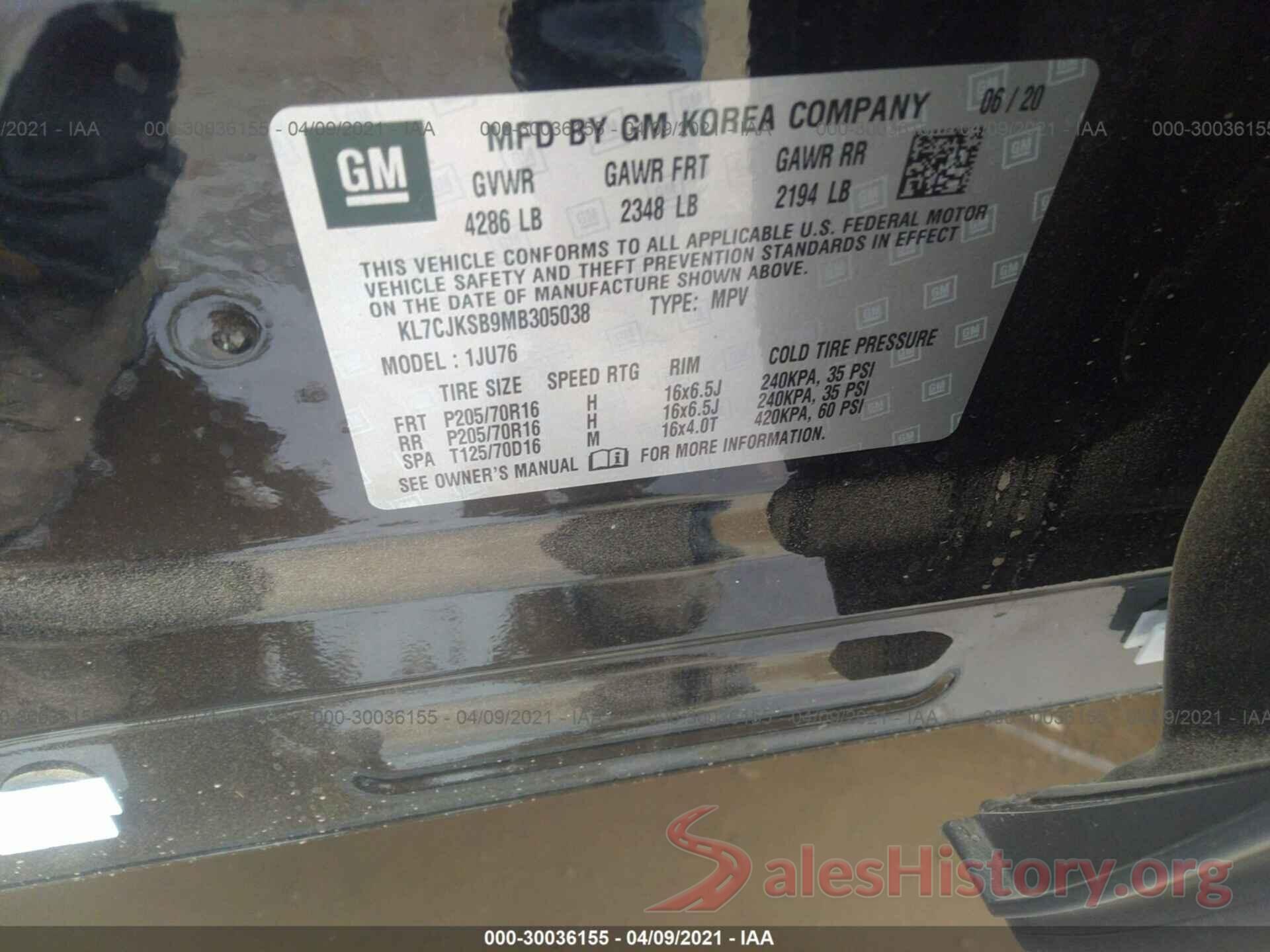 KL7CJKSB9MB305038 2021 CHEVROLET TRAX