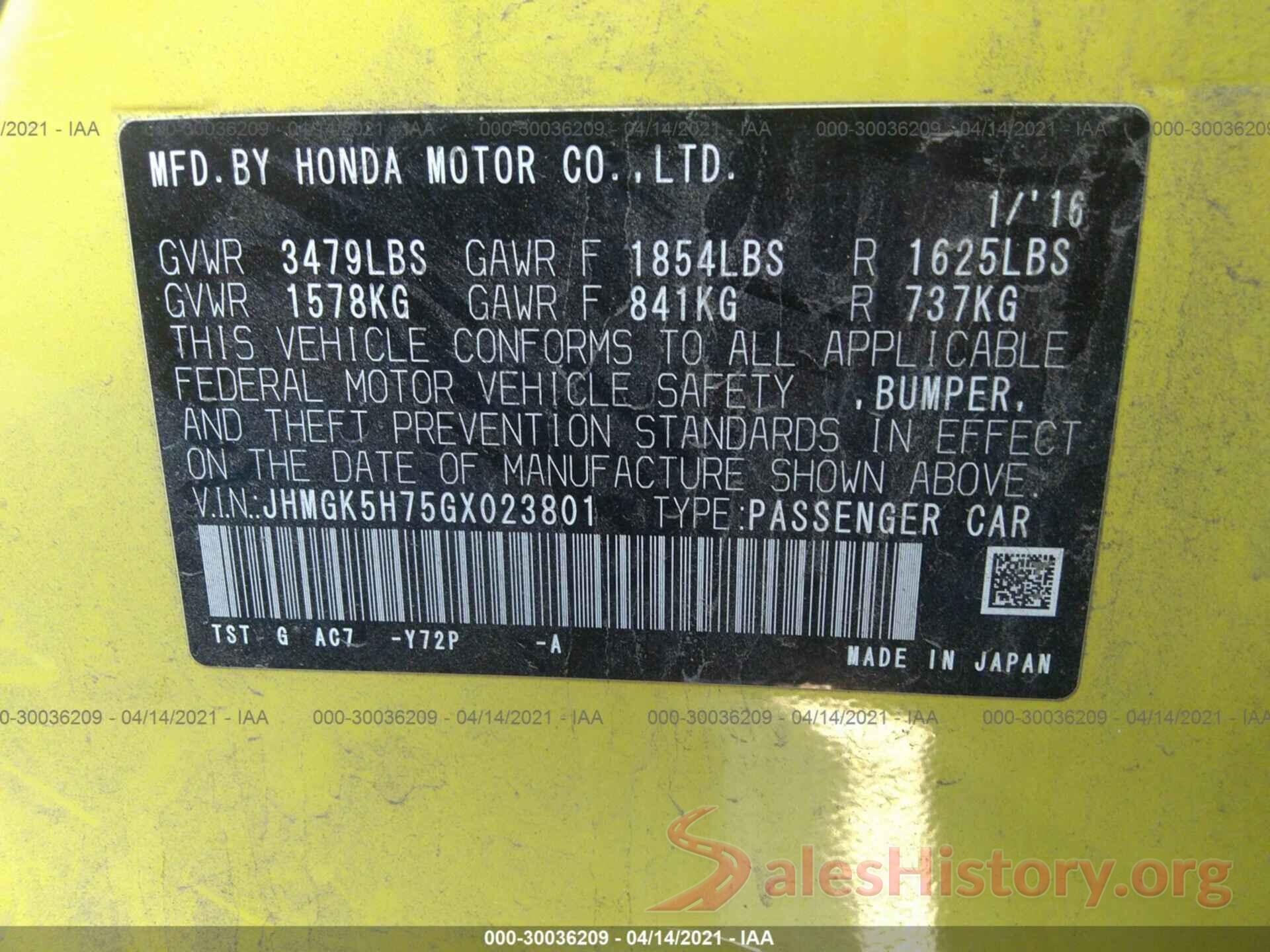 JHMGK5H75GX023801 2016 HONDA FIT