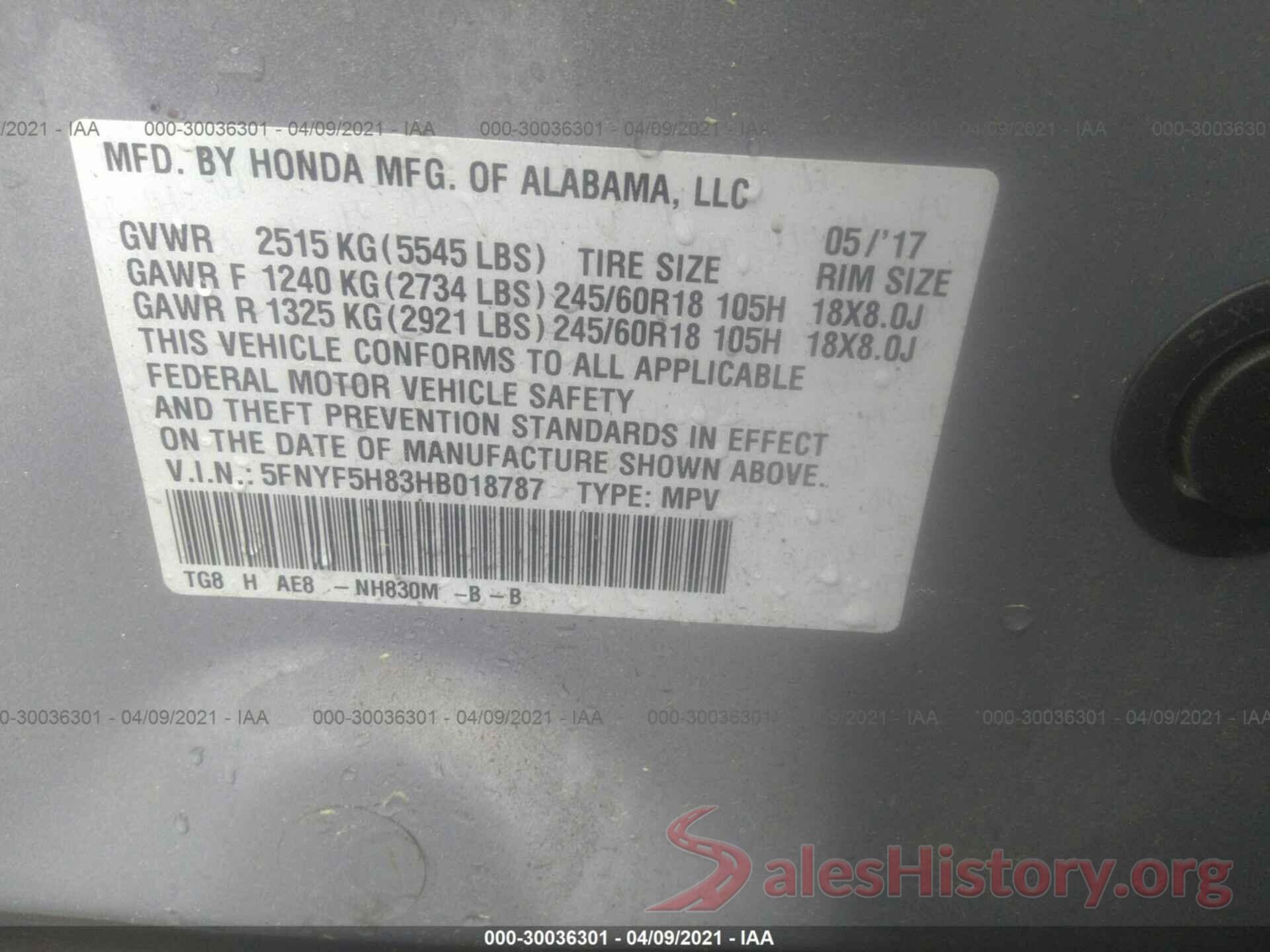 5FNYF5H83HB018787 2017 HONDA PILOT