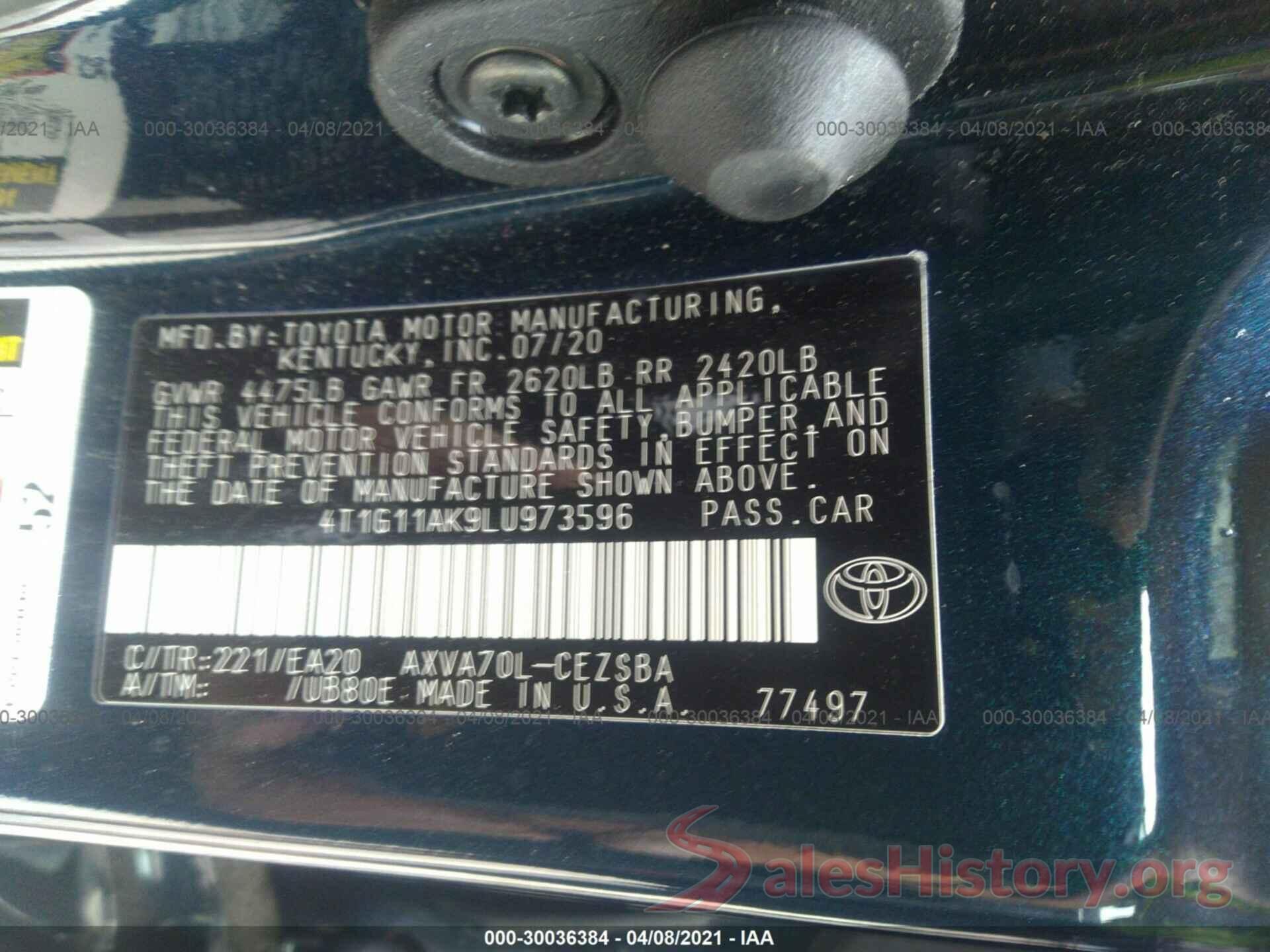 4T1G11AK9LU973596 2020 TOYOTA CAMRY