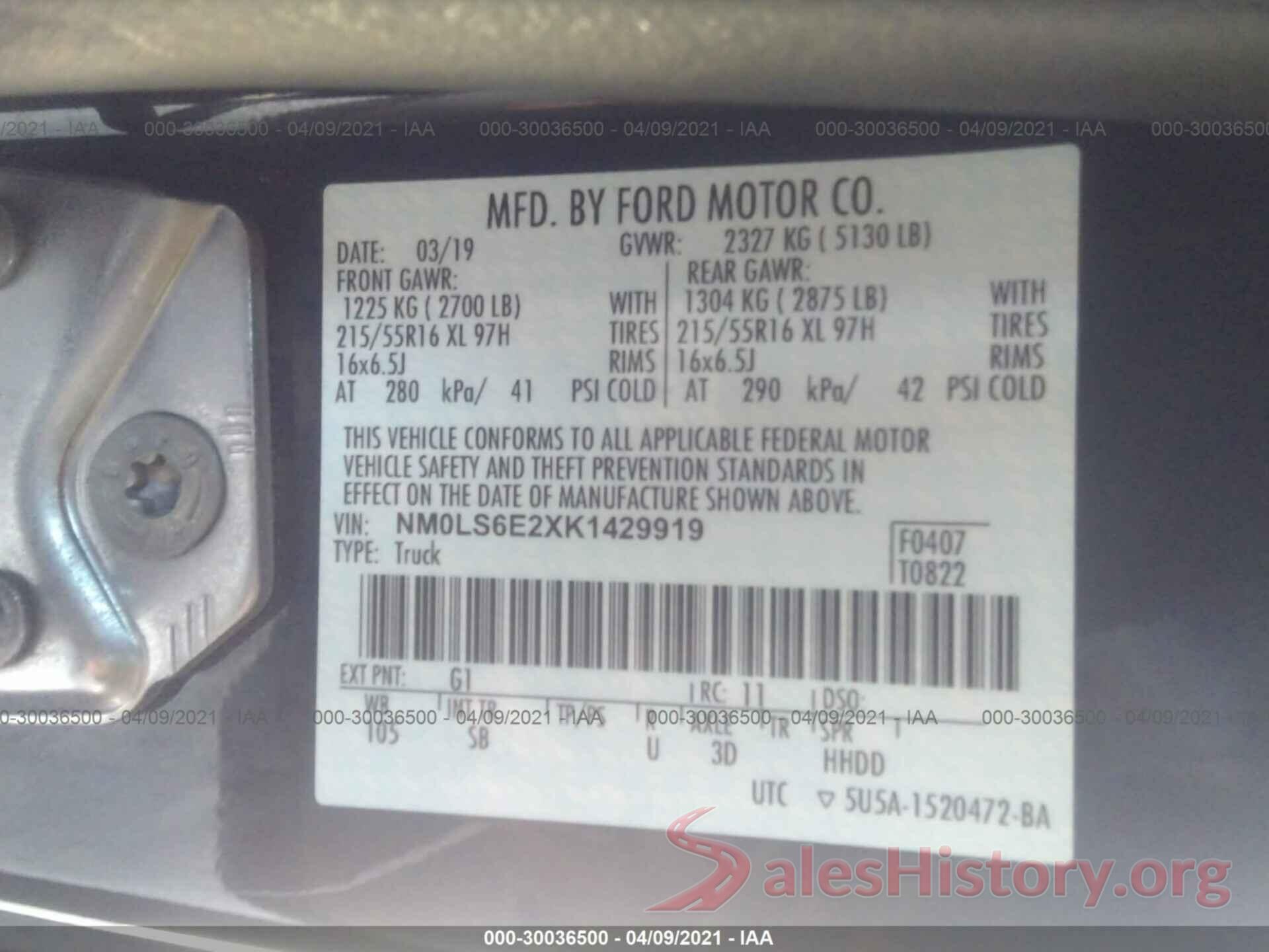 NM0LS6E2XK1429919 2019 FORD TRANSIT CONNECT VAN