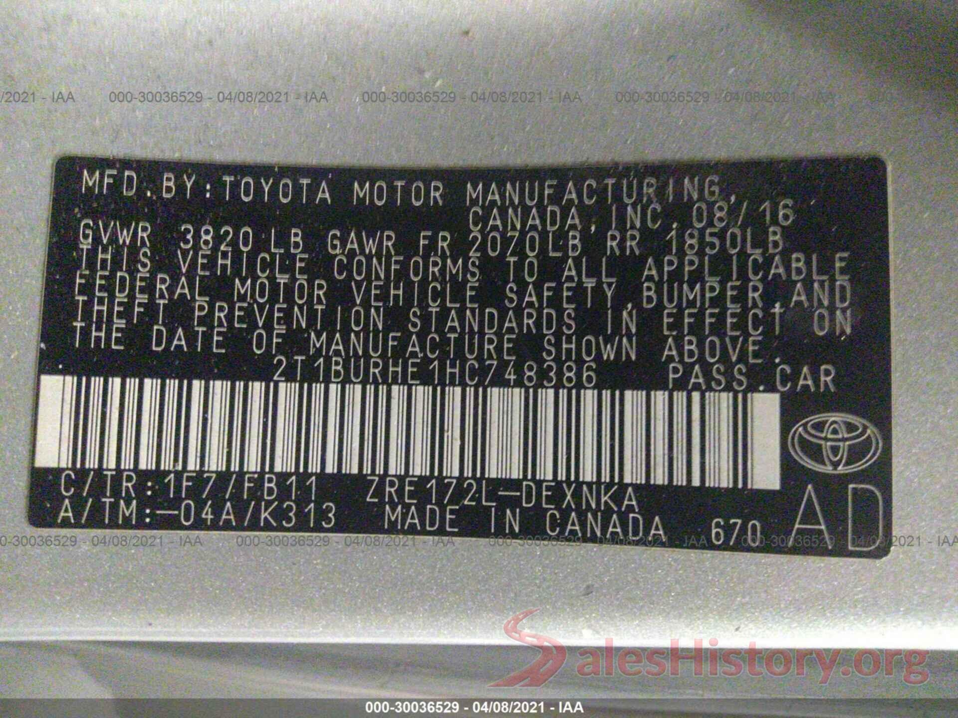 2T1BURHE1HC748386 2017 TOYOTA COROLLA