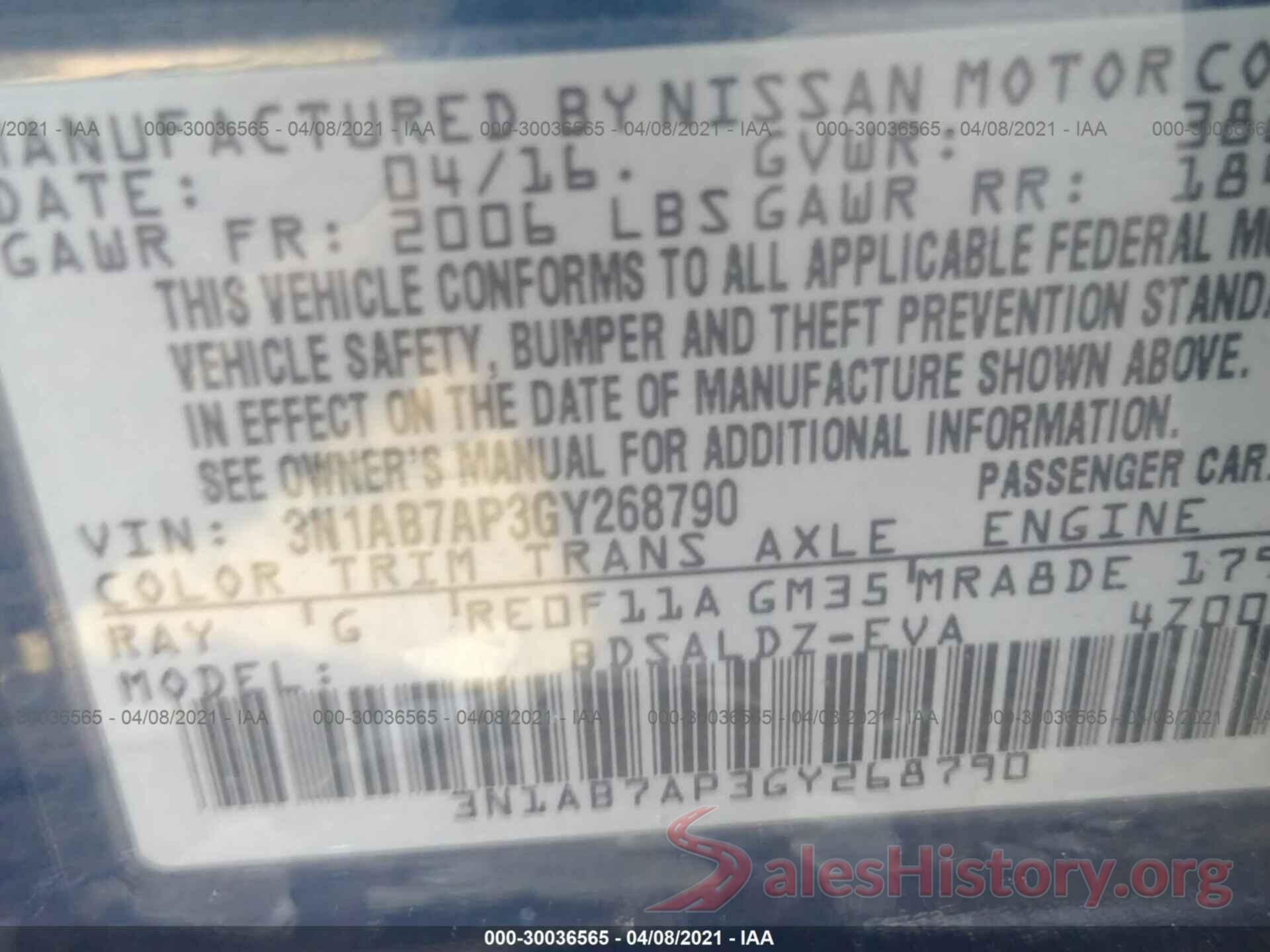 3N1AB7AP3GY268790 2016 NISSAN SENTRA