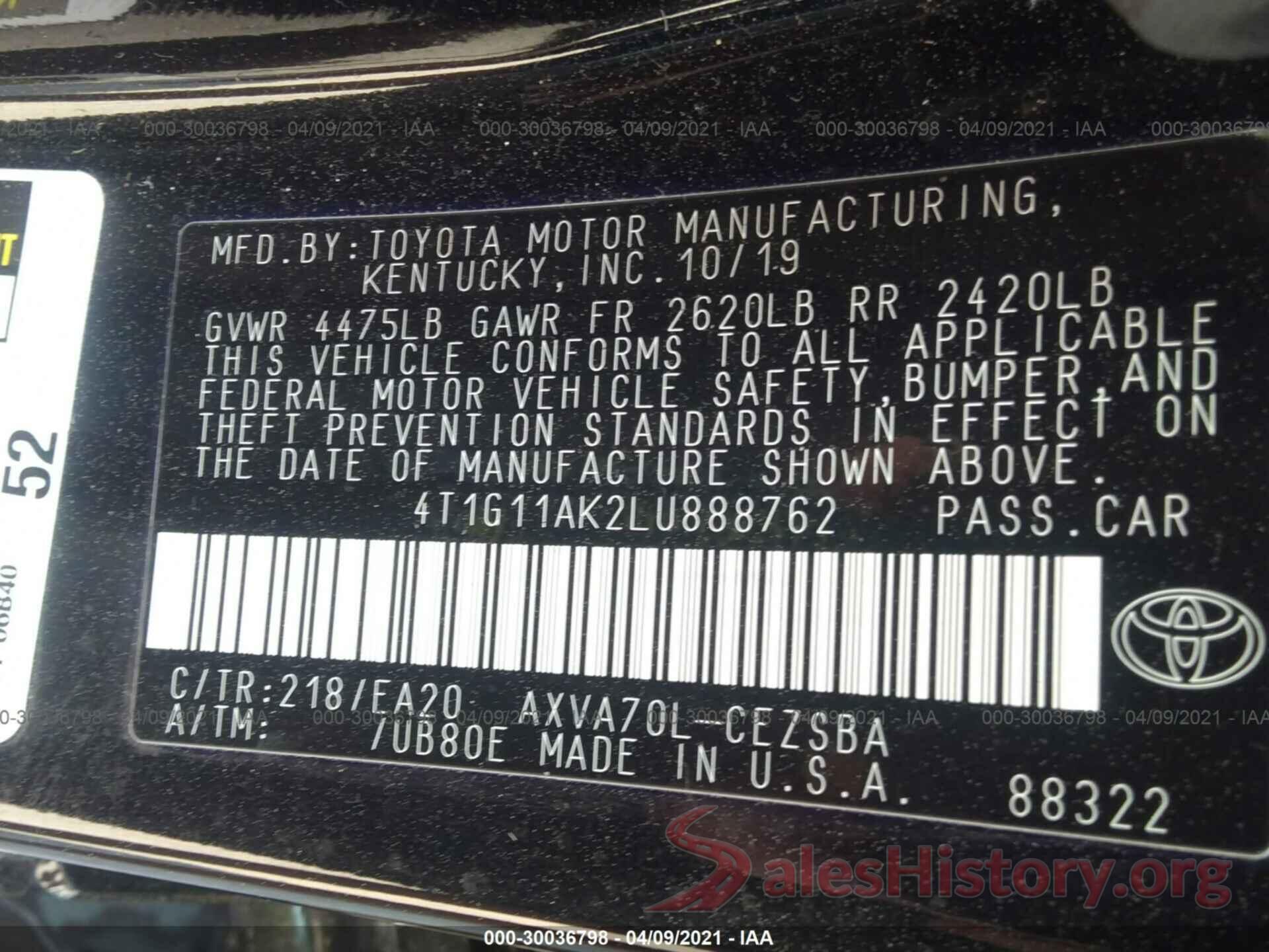 4T1G11AK2LU888762 2020 TOYOTA CAMRY