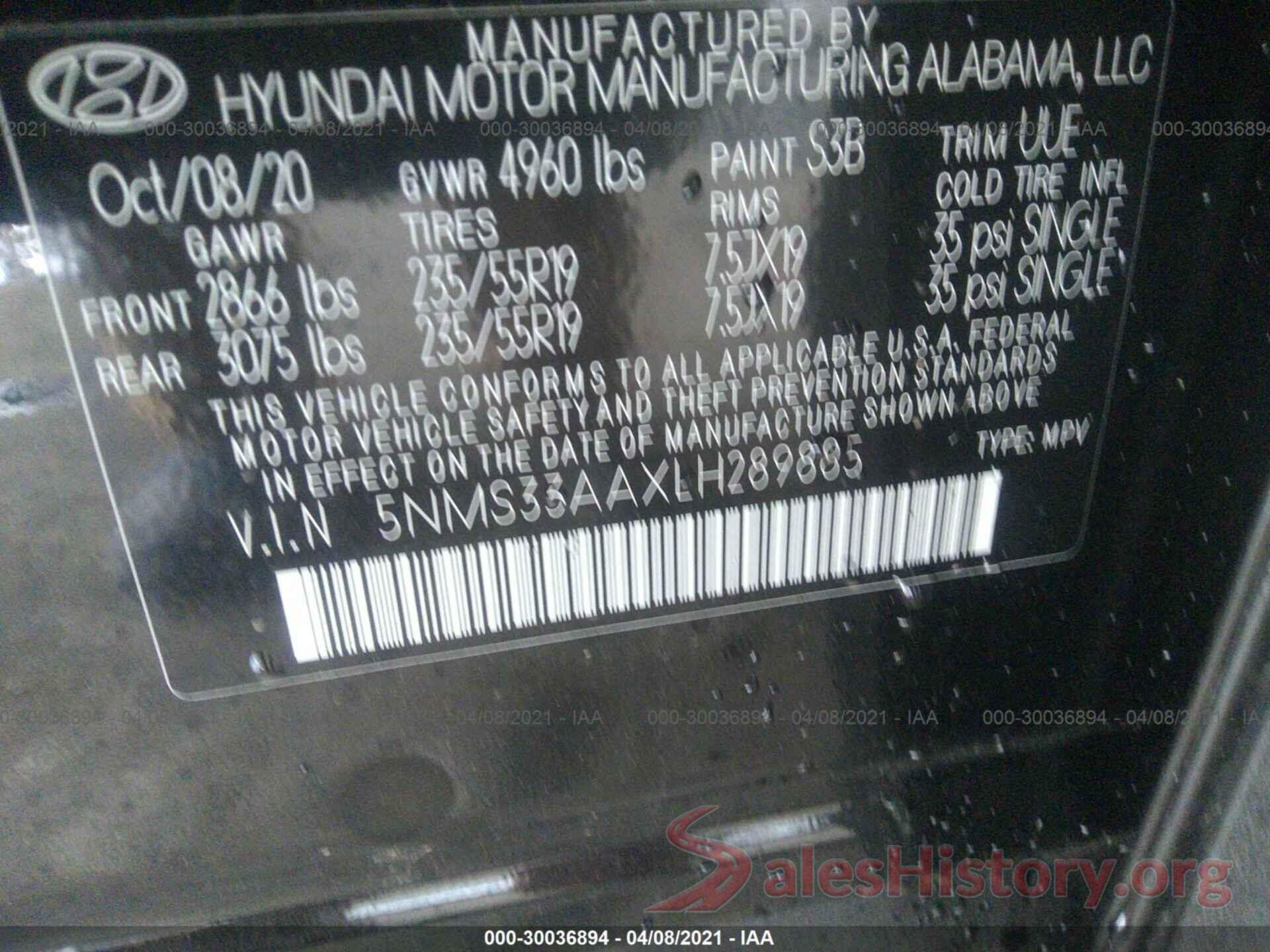 5NMS33AAXLH289885 2020 HYUNDAI SANTA FE