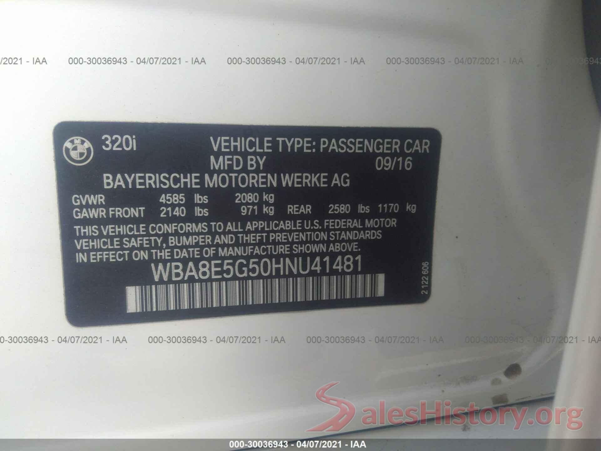 WBA8E5G50HNU41481 2017 BMW 3 SERIES