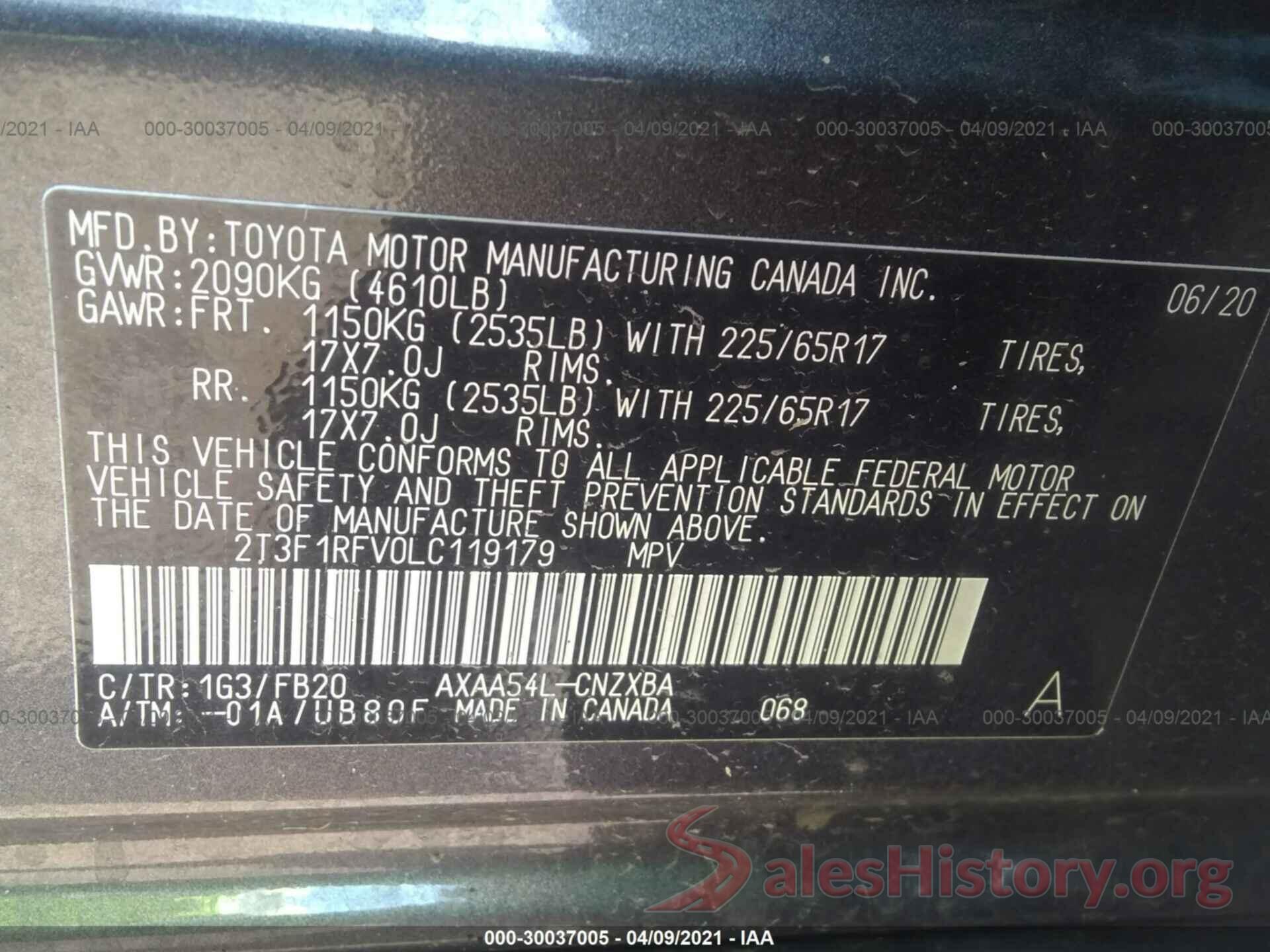 2T3F1RFV0LC119179 2020 TOYOTA RAV4