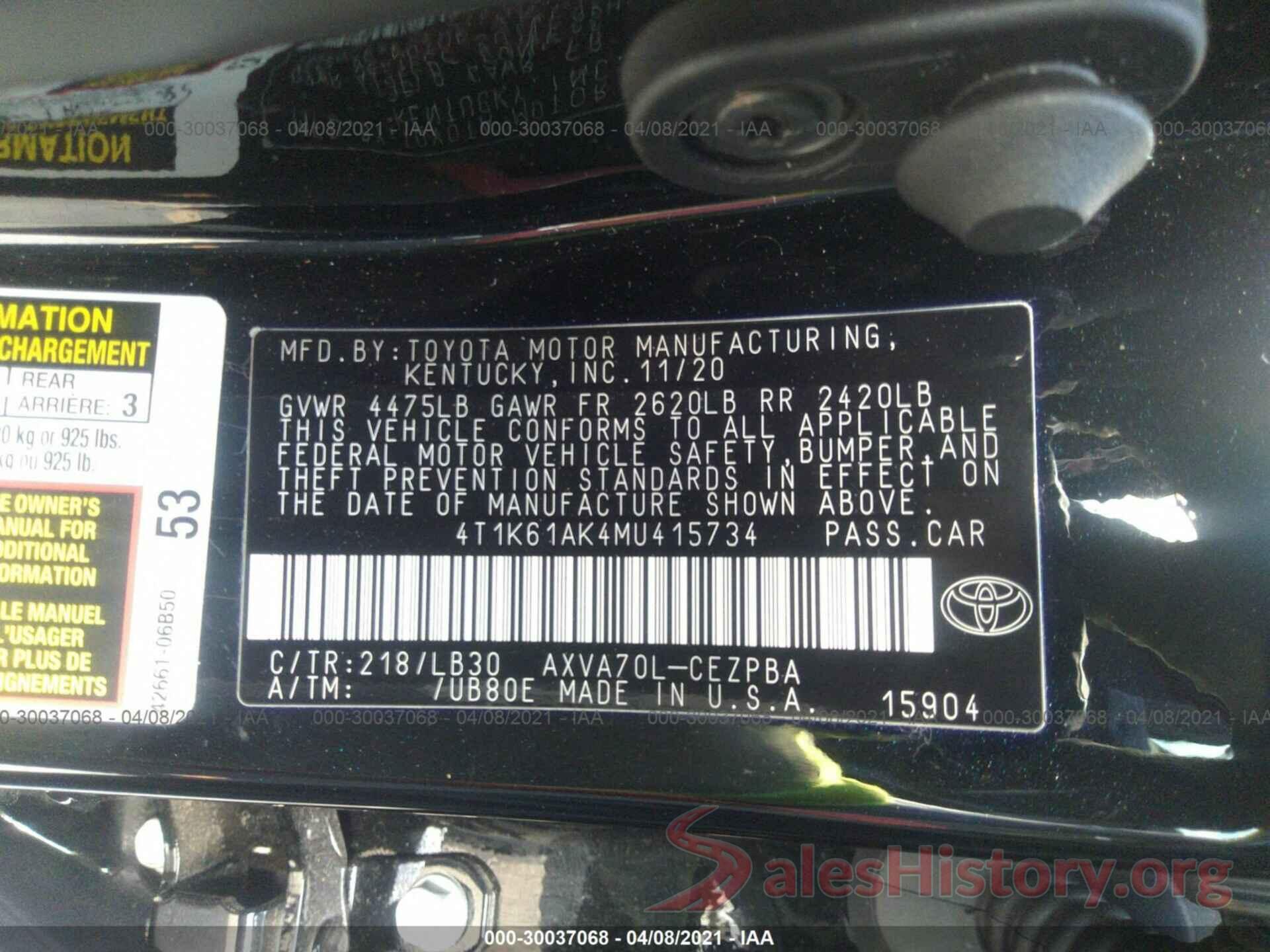 4T1K61AK4MU415734 2021 TOYOTA CAMRY