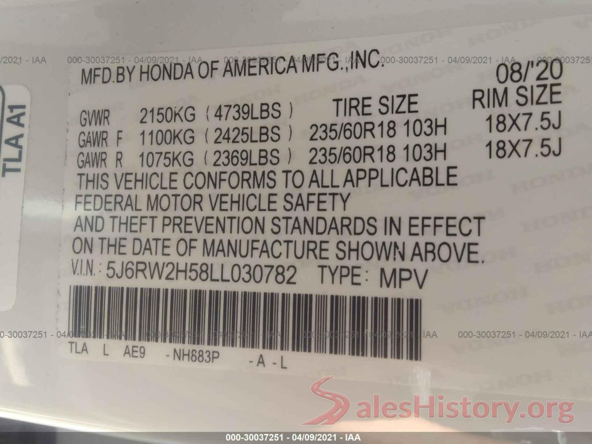 5J6RW2H58LL030782 2020 HONDA CR-V