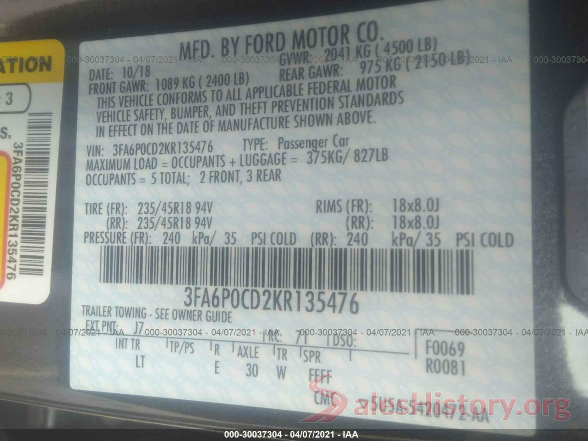 3FA6P0CD2KR135476 2019 FORD FUSION