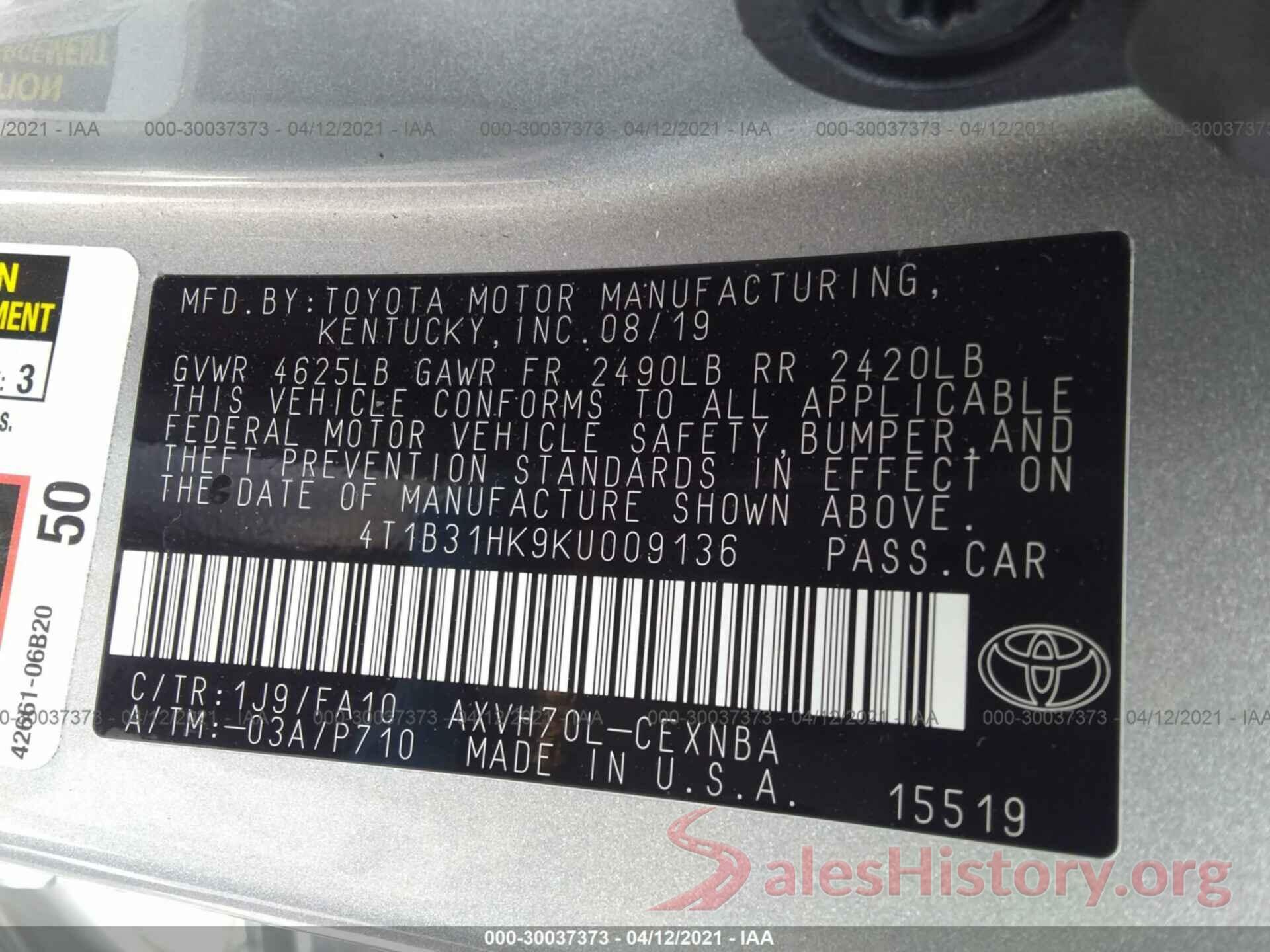 4T1B31HK9KU009136 2019 TOYOTA CAMRY