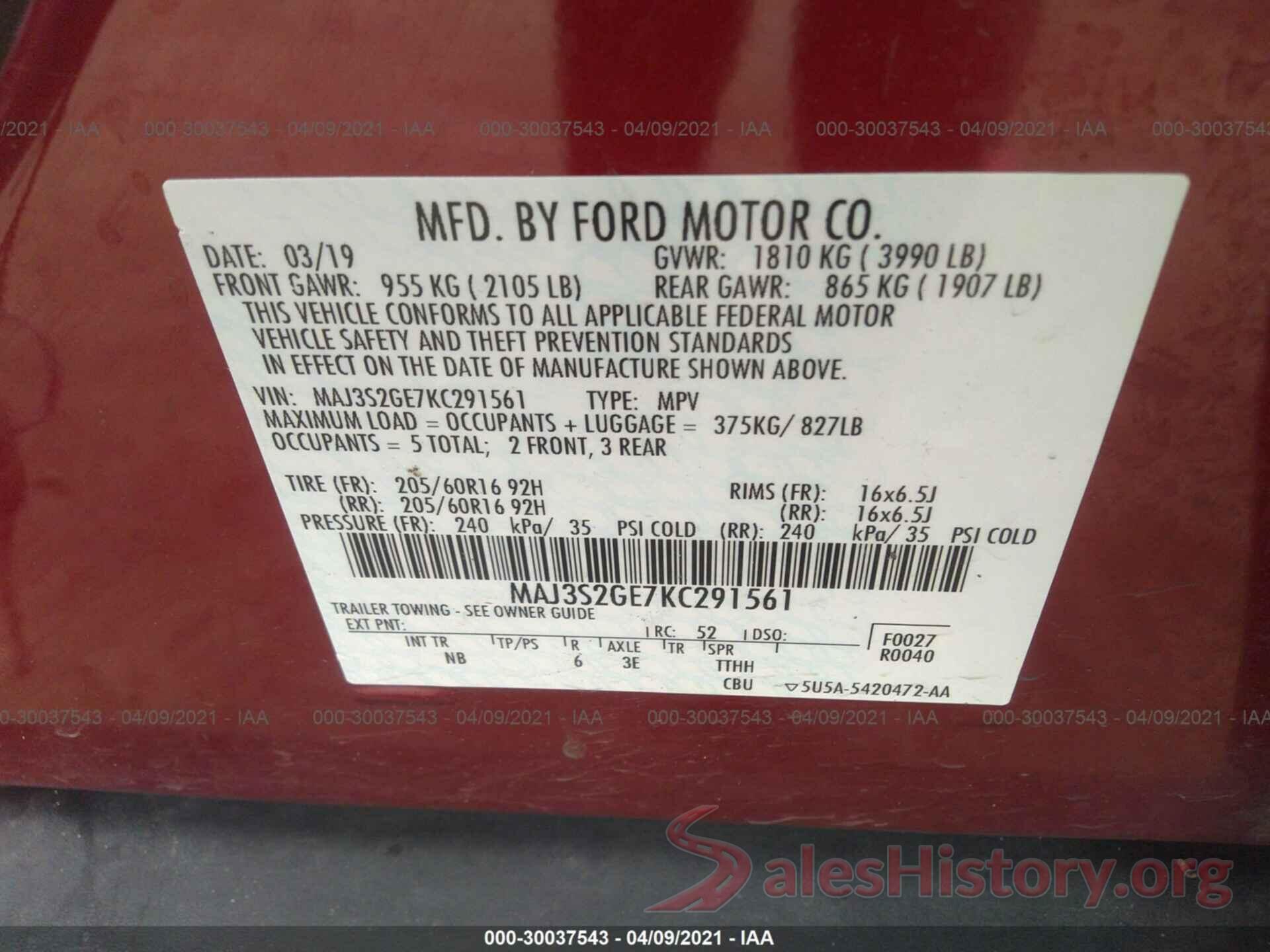 MAJ3S2GE7KC291561 2019 FORD ECOSPORT