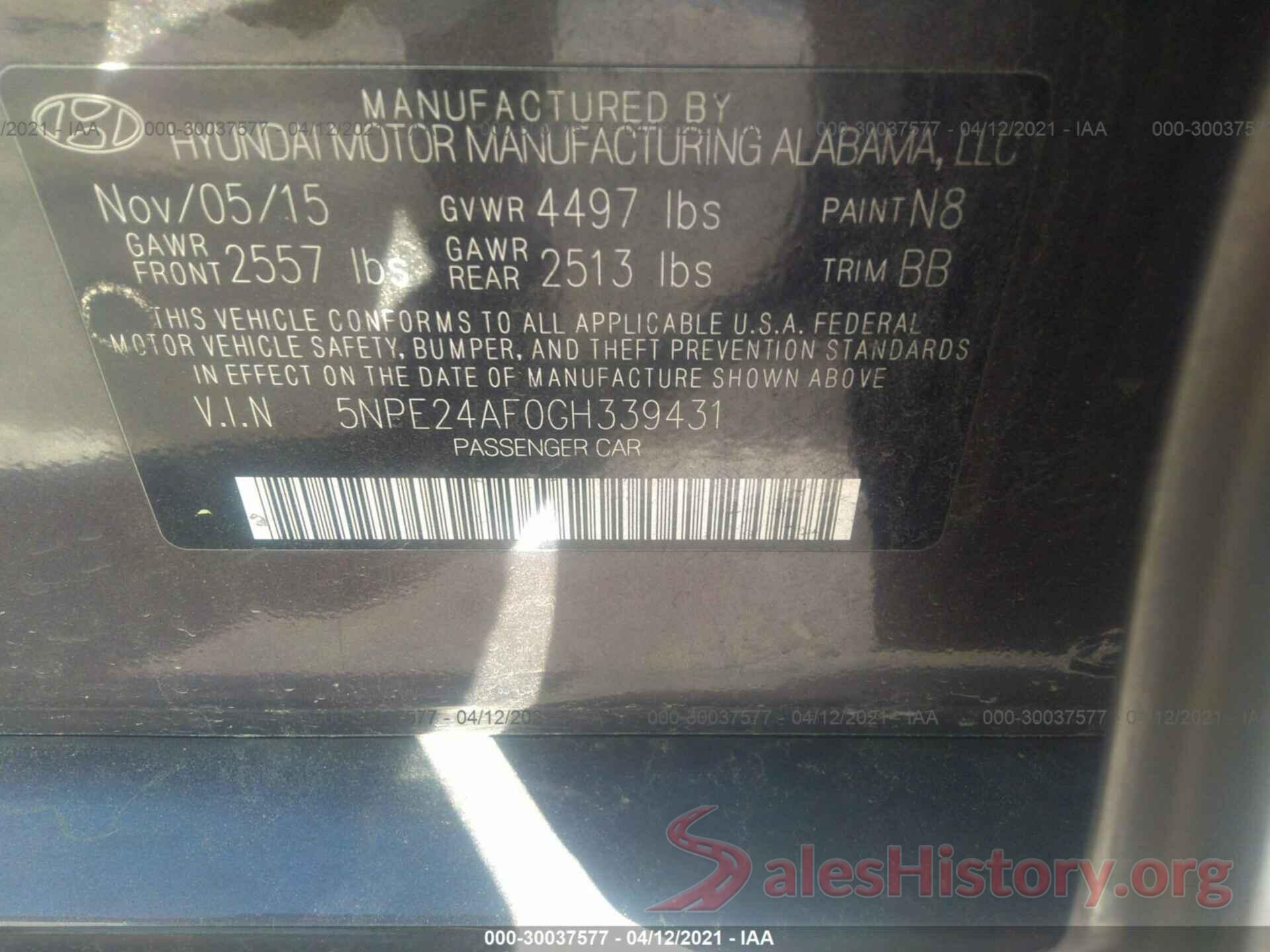 5NPE24AF0GH339431 2016 HYUNDAI SONATA