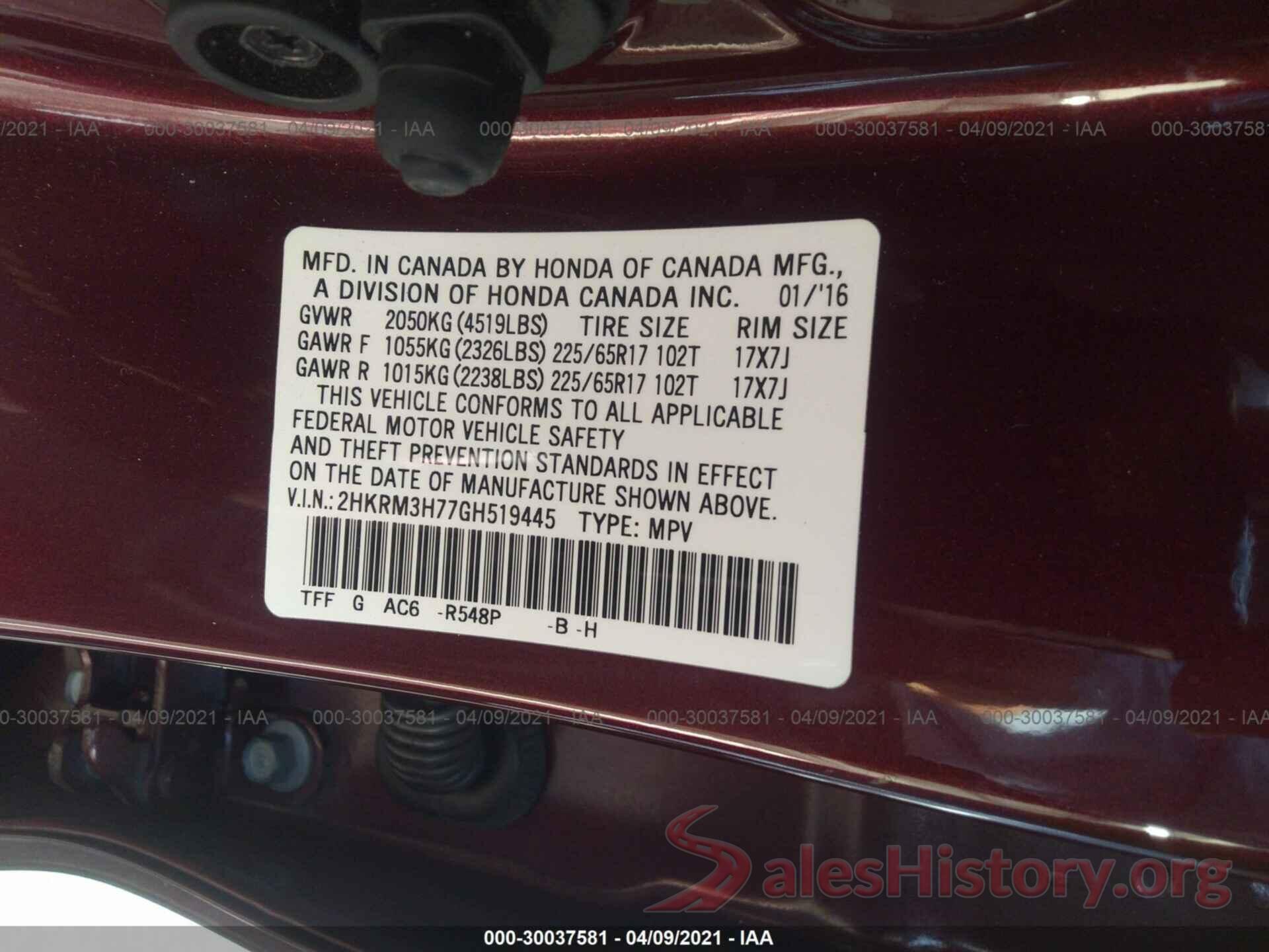 2HKRM3H77GH519445 2016 HONDA CR-V