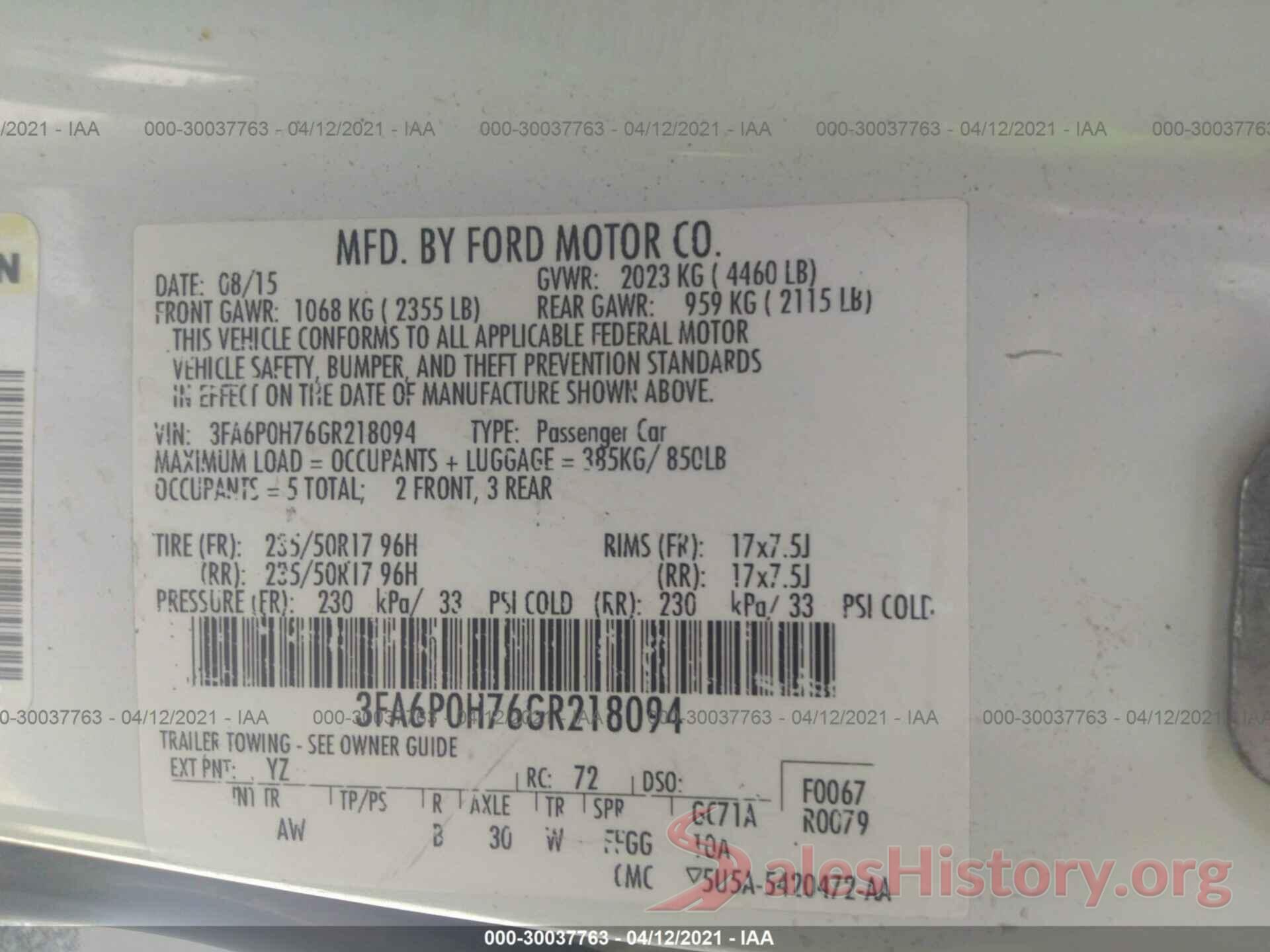 3FA6P0H76GR218094 2016 FORD FUSION