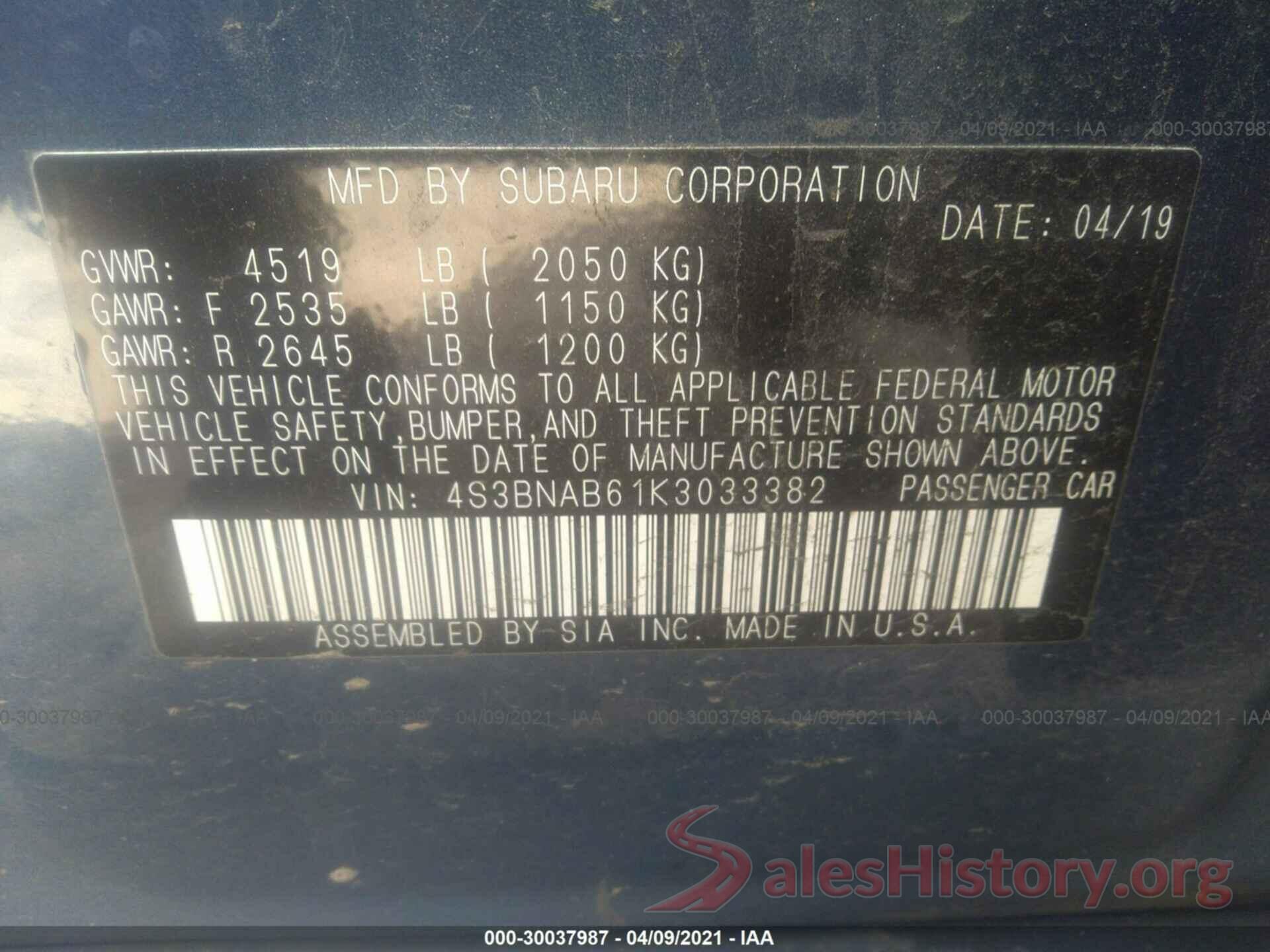 4S3BNAB61K3033382 2019 SUBARU LEGACY