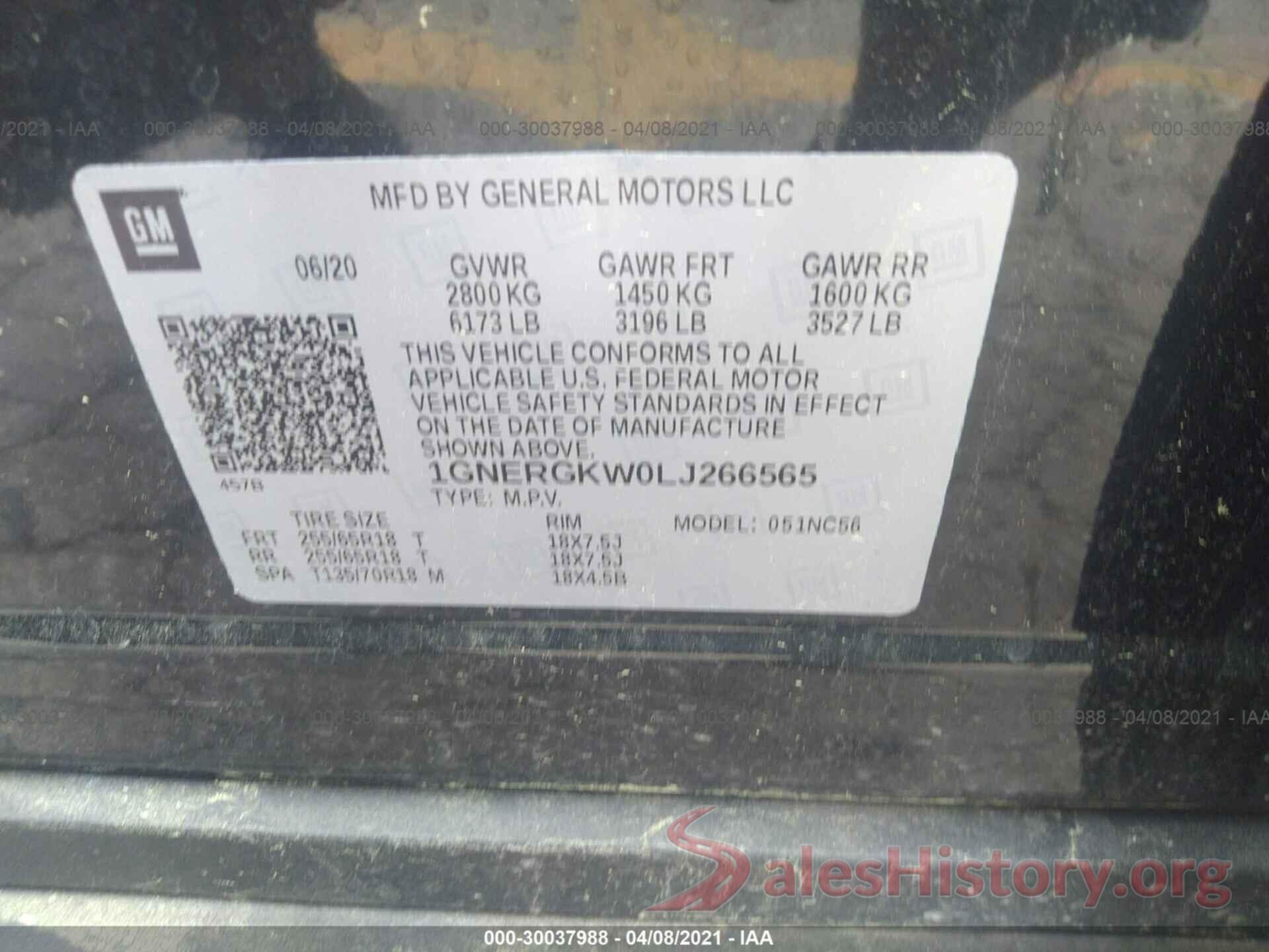 1GNERGKW0LJ266565 2020 CHEVROLET TRAVERSE