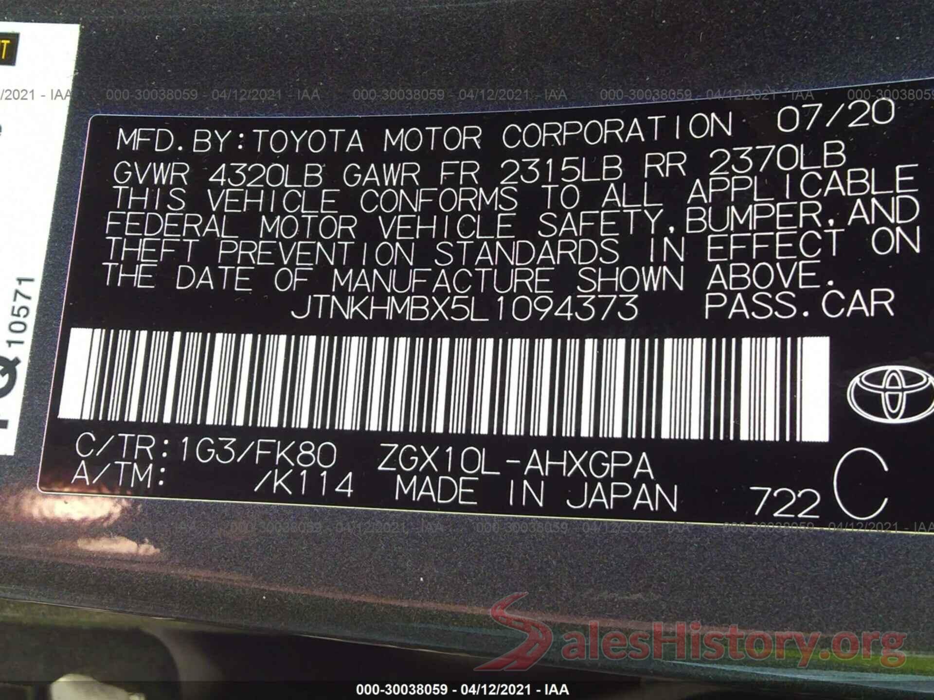 JTNKHMBX5L1094373 2020 TOYOTA C-HR