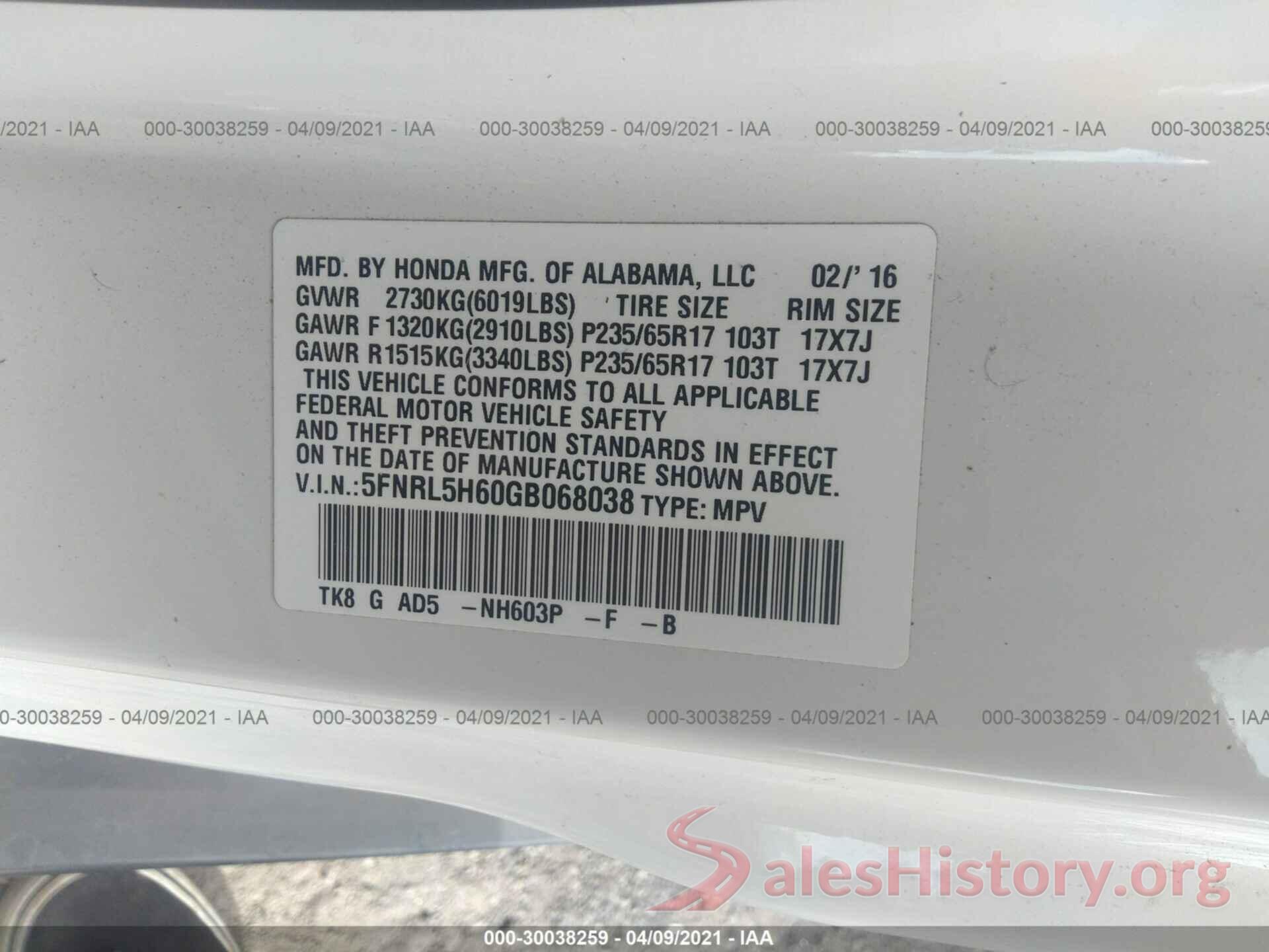 5FNRL5H60GB068038 2016 HONDA ODYSSEY