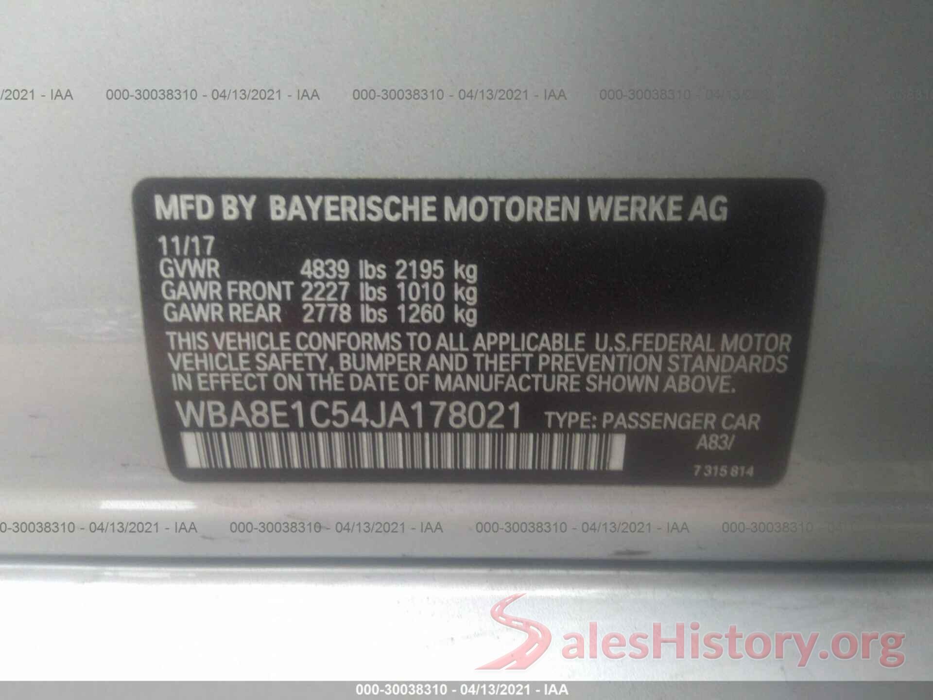 WBA8E1C54JA178021 2018 BMW 3 SERIES