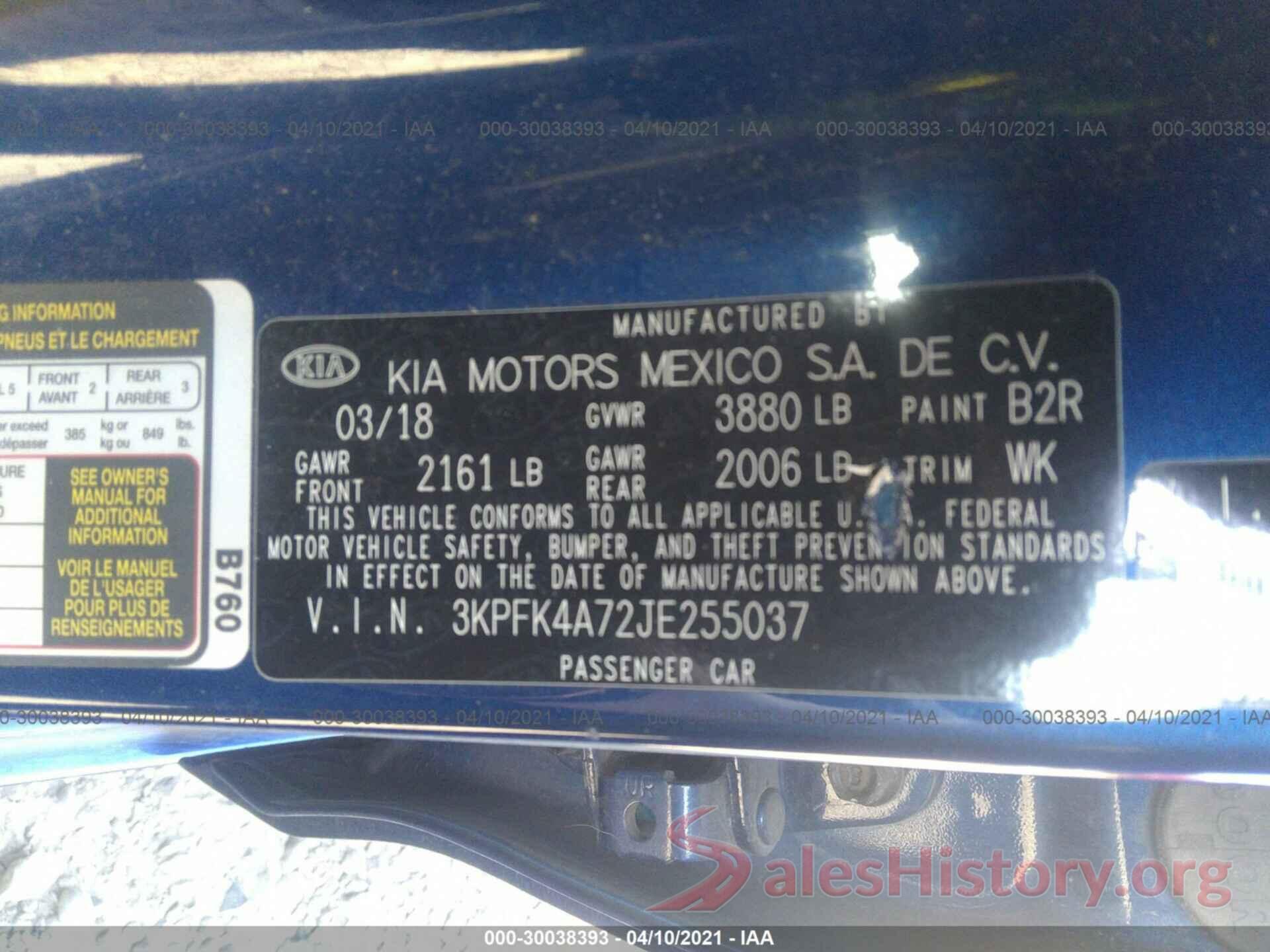 3KPFK4A72JE255037 2018 KIA FORTE